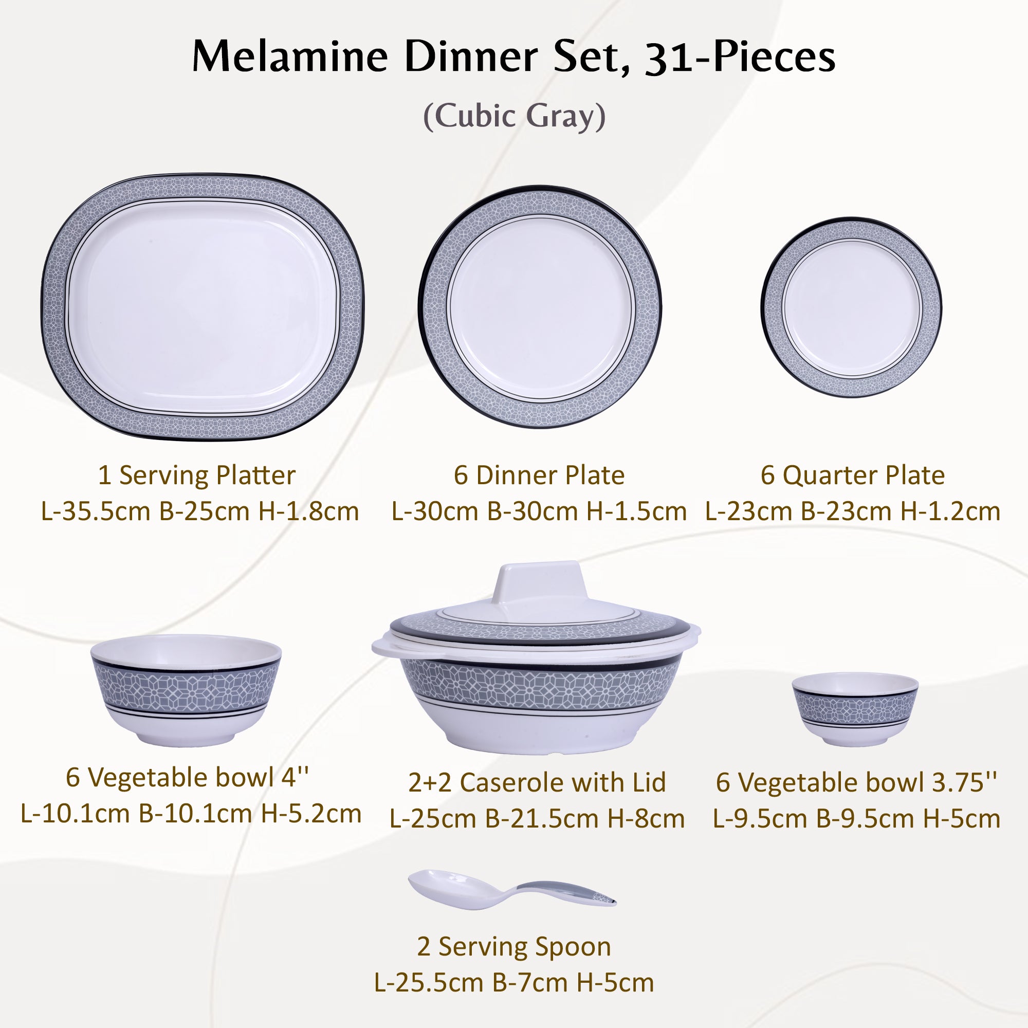 Stehlen Dinnerware, Pure melamine, Vintage, 31 Piece Kitchen Set for home- Cubic Gray