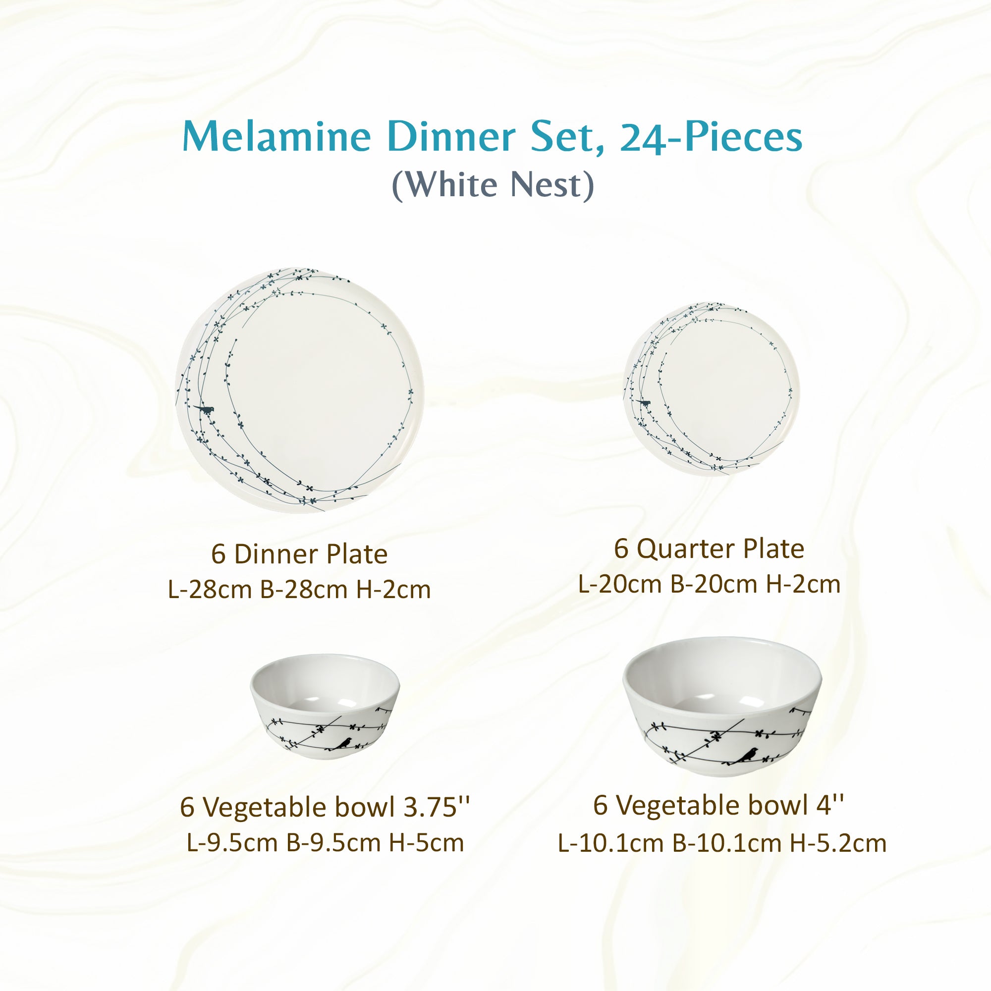 Stehlen Donna Glossy Dinnerware, Pure melamine, 24 Piece -White Nest