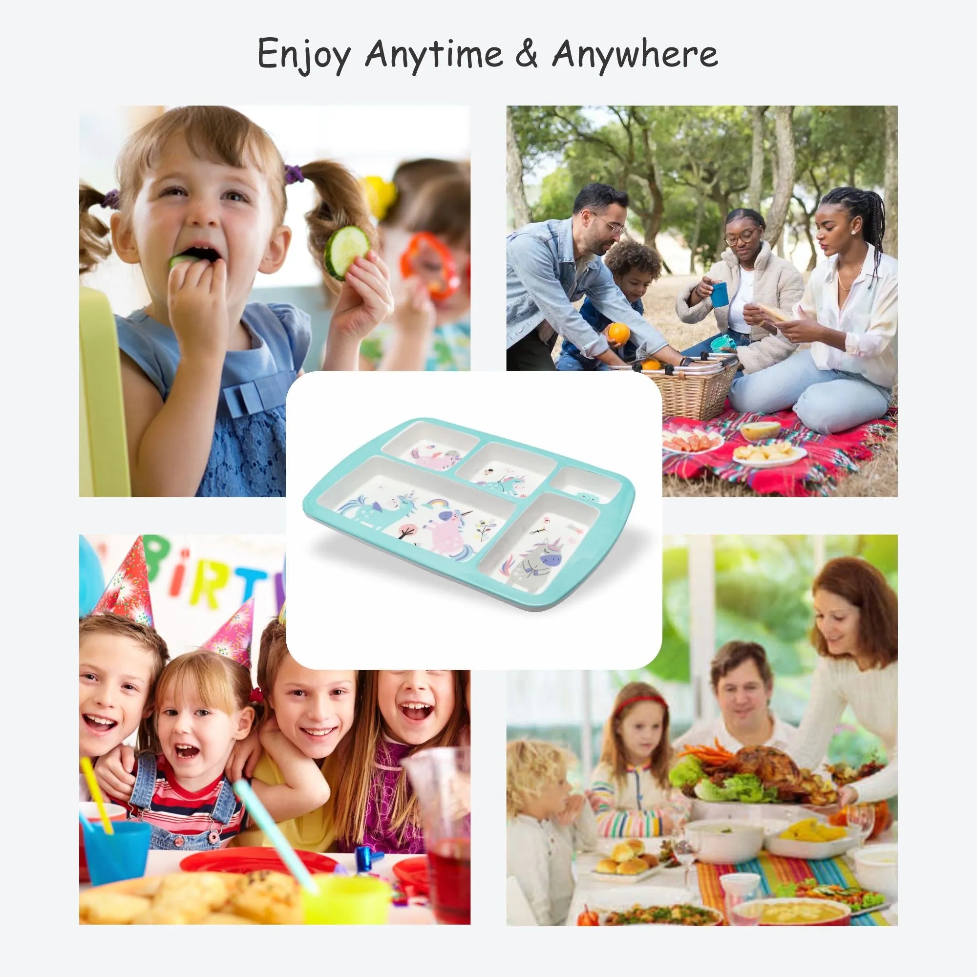 Kids 5-Partition Dinner Plate- Blue Unicorn