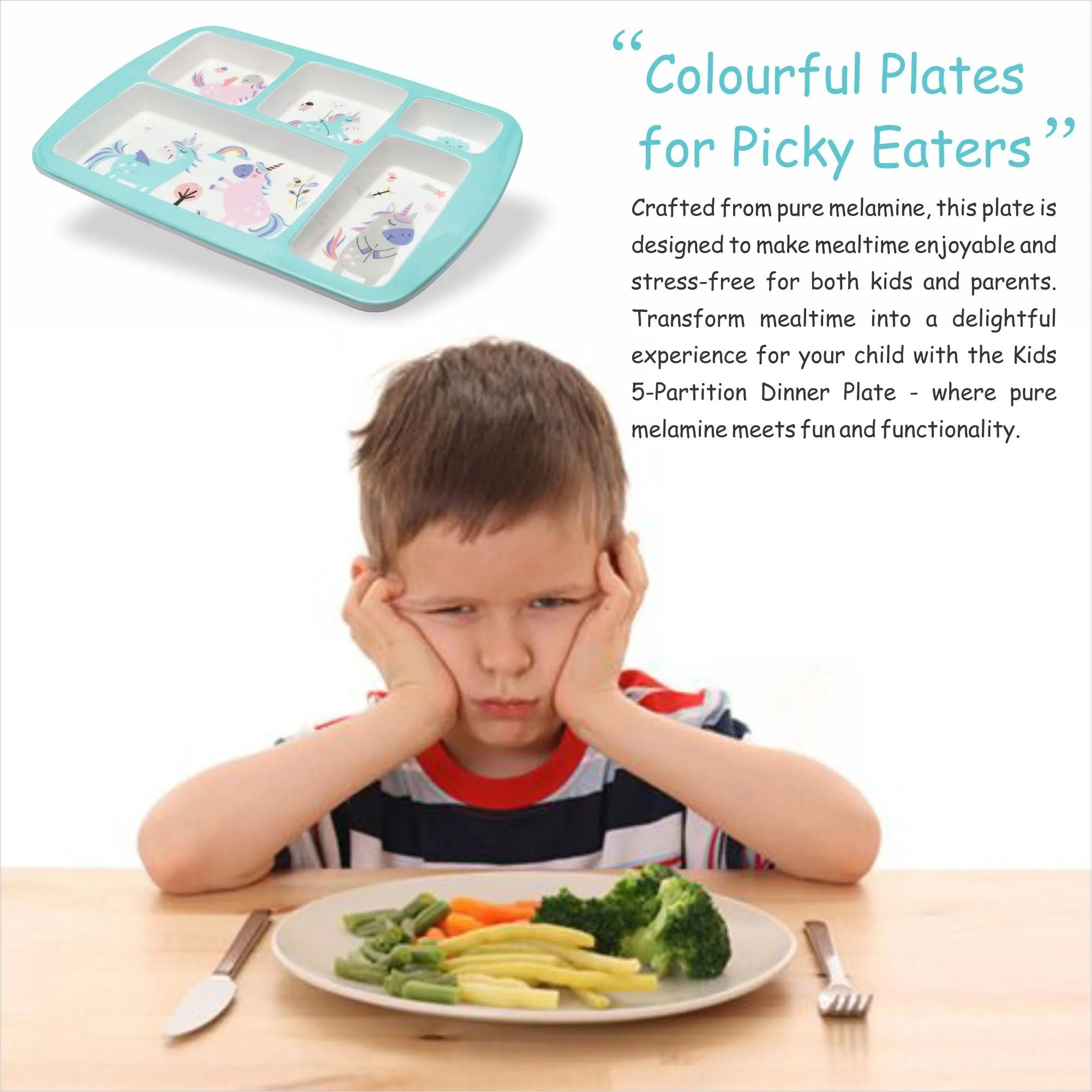 Kids 5-Partition Dinner Plate- Blue Unicorn
