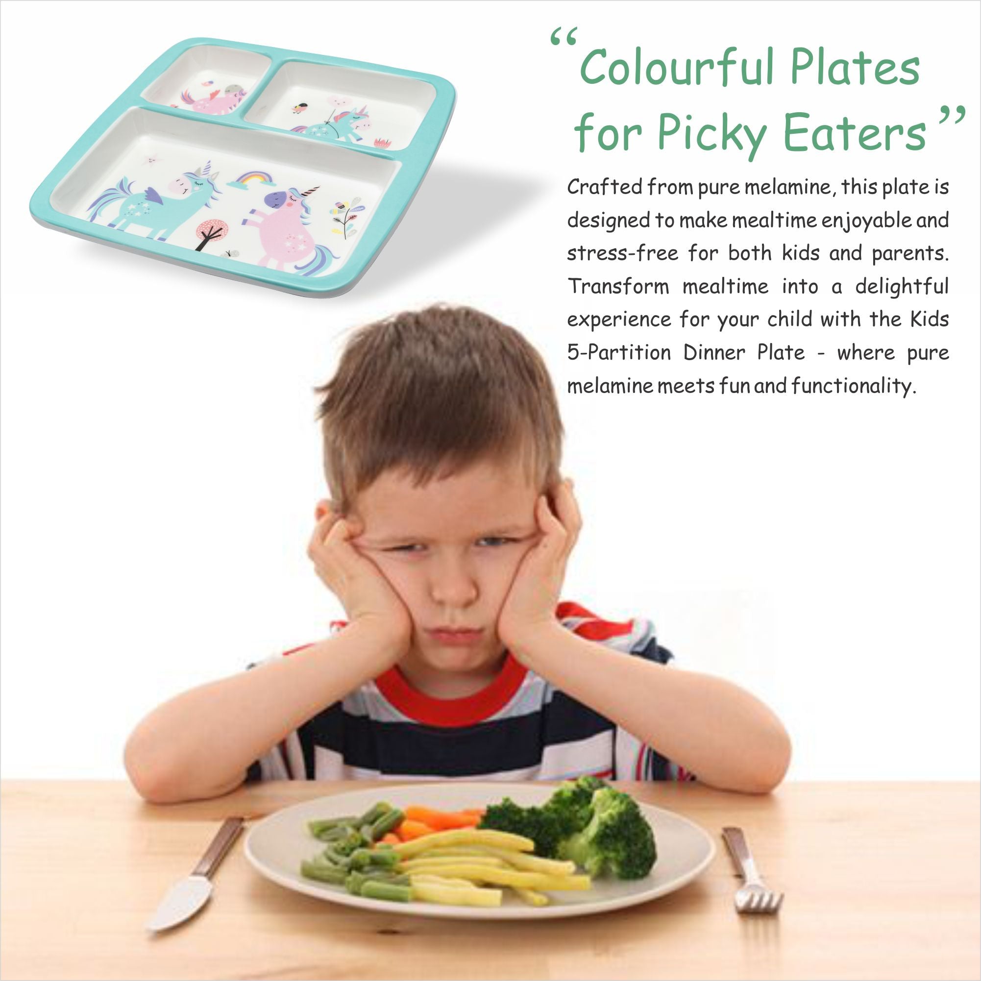 Stehlen Dinnerware, Dinner Plates, 3 Partition Plates - Blue Unicorn