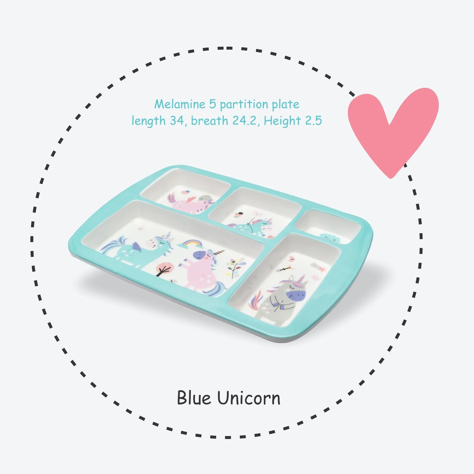 Kids 5-Partition Dinner Plate- Blue Unicorn