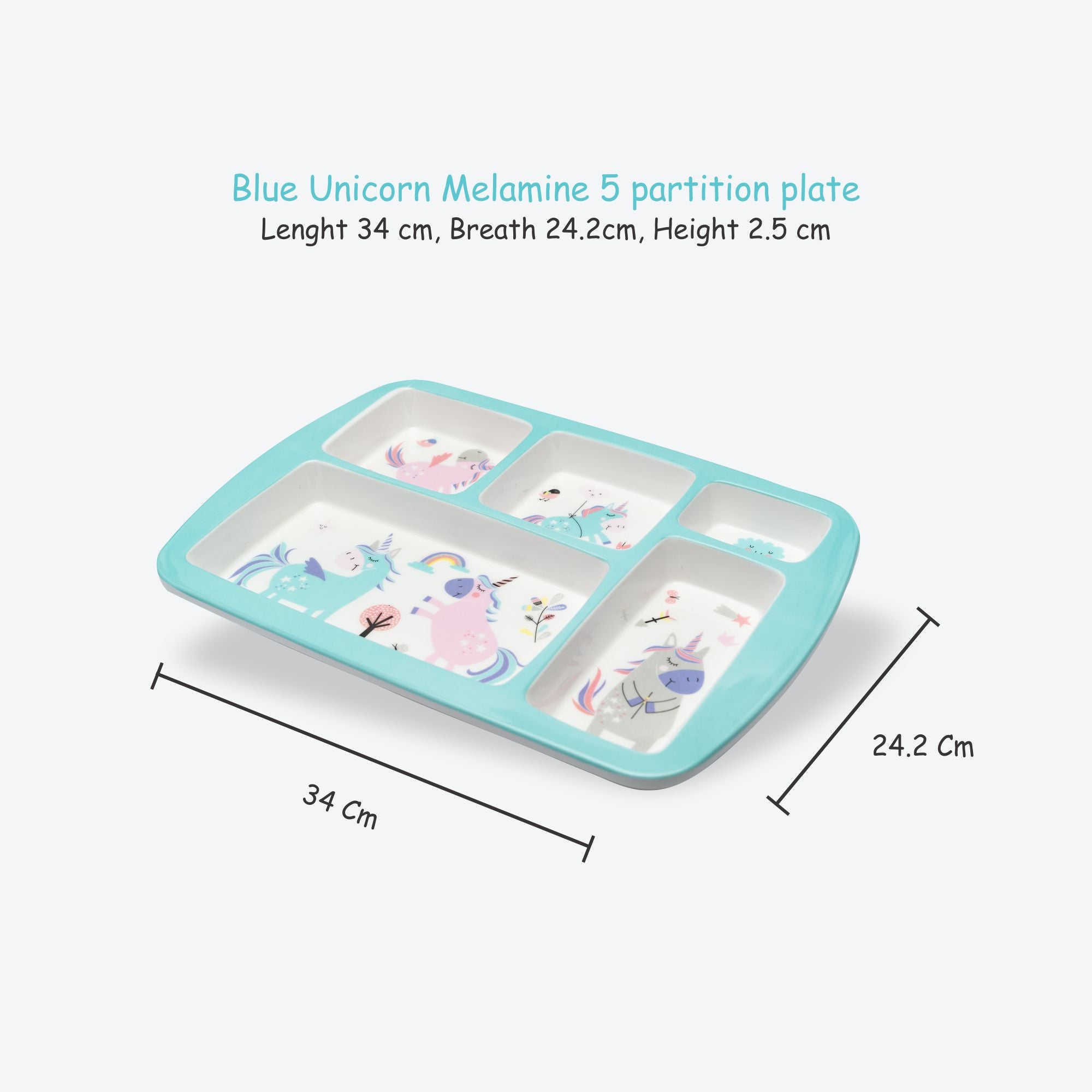 Kids 5-Partition Dinner Plate- Blue Unicorn