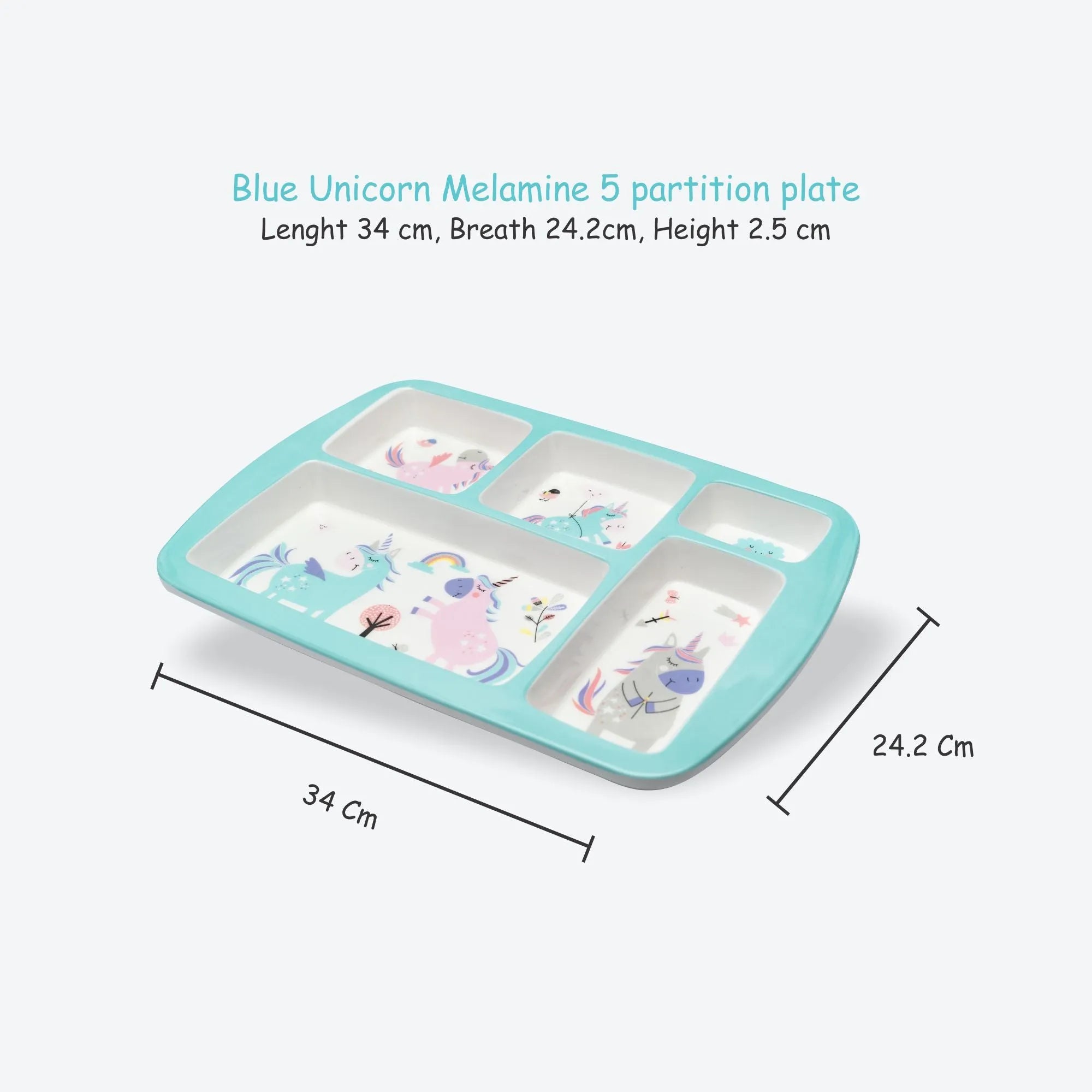 Kids 5-Partition Dinner Plate- Blue Unicorn