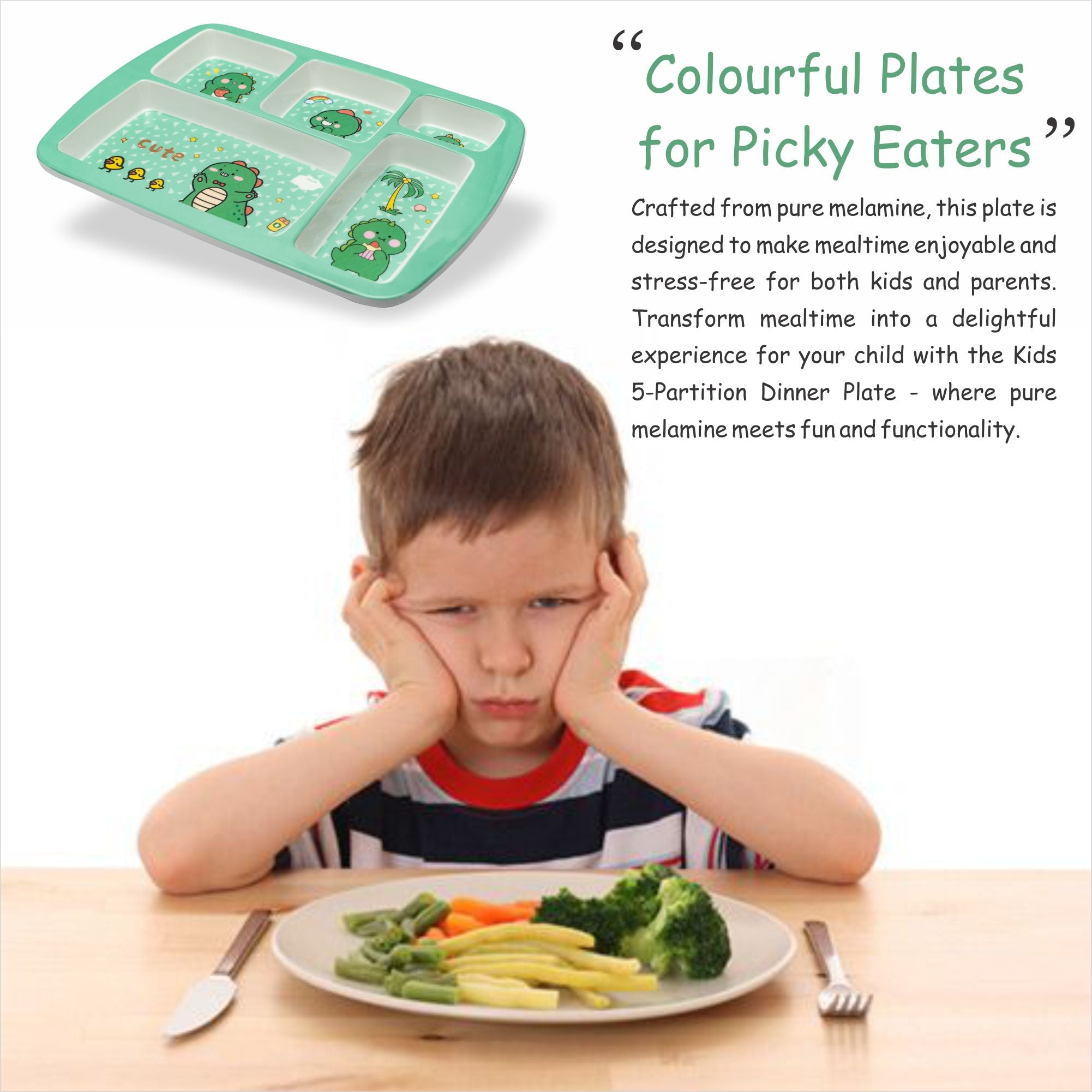 Kids 5-Partition Dinner Plate- Green Peas