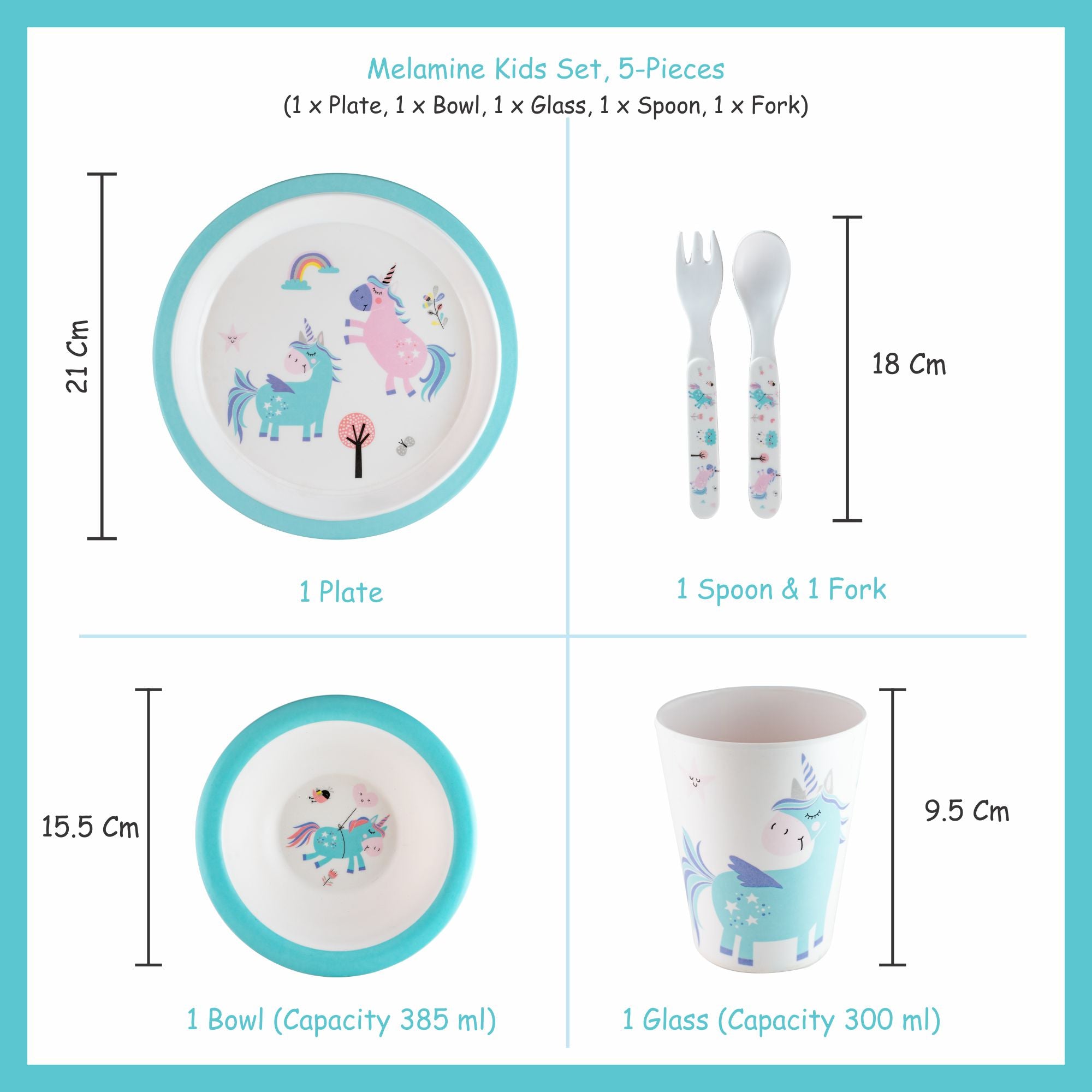 Stehlen set of 5 pcs kids feeding set, Pure melamine, BLUE UNICORN