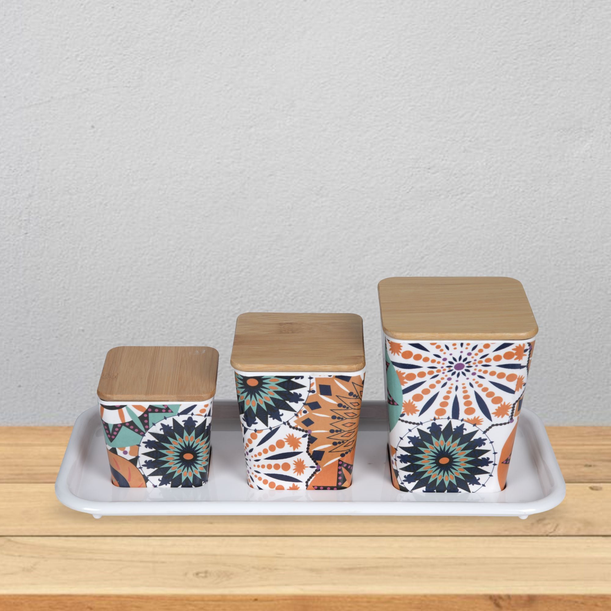 Stehlen 100% Pure melamine 3 pcs wooden lid canister set with melamine tray, SET OF 4- Moroccan