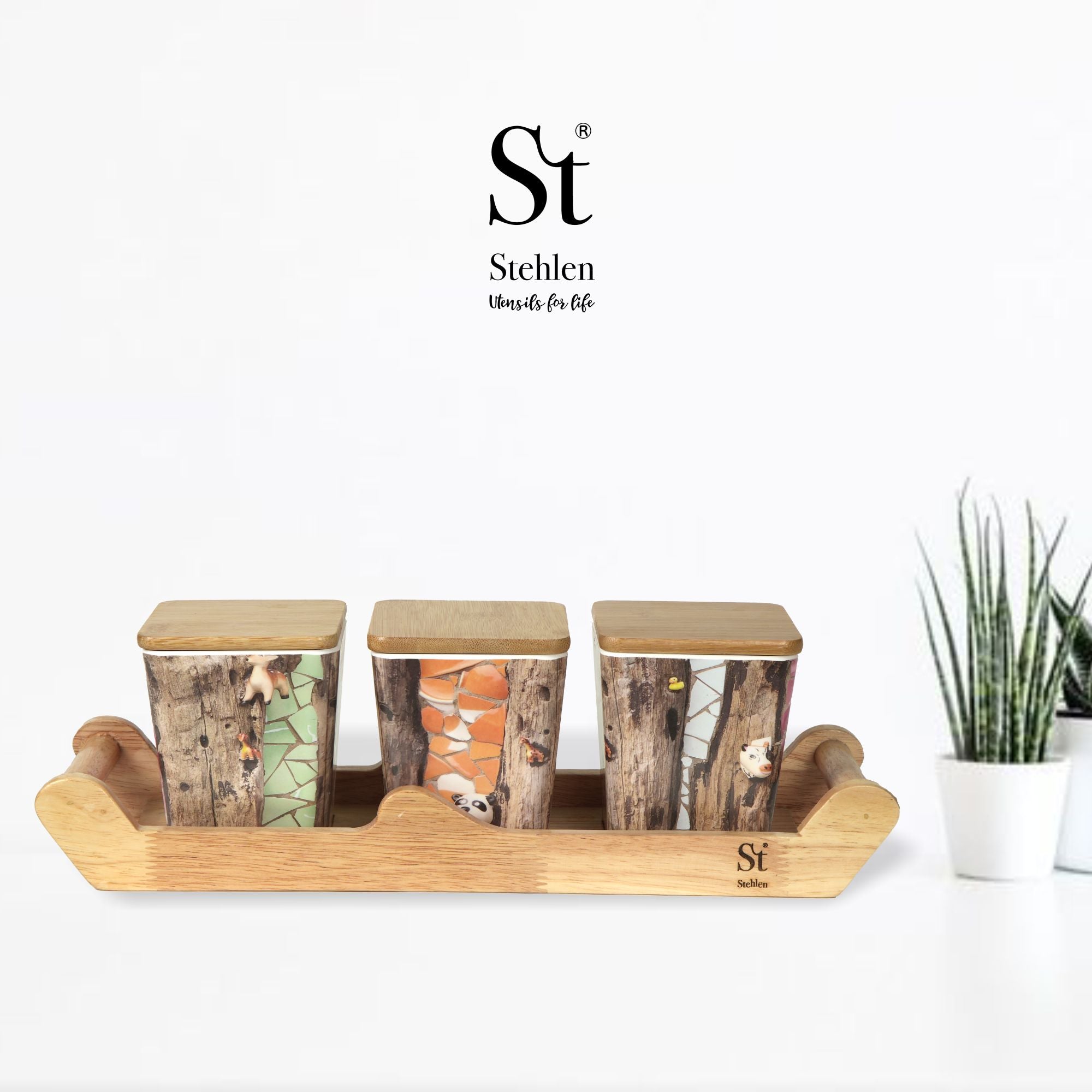 Stehlen 100% Pure melamine 3 pcs wooden lid canister set with wooden tray,SET OF 4- American Pine