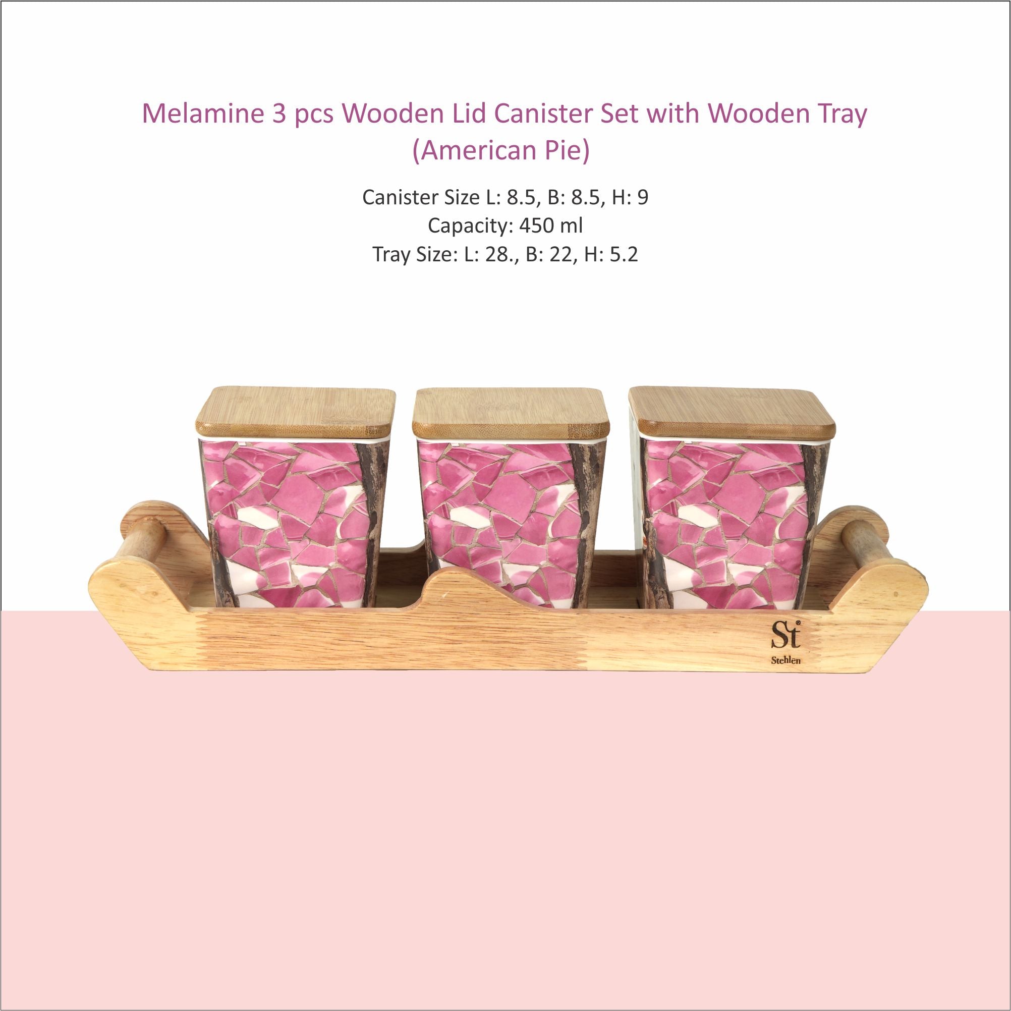 Stehlen 100% Pure melamine 3 pcs wooden lid canister set with wooden tray,SET OF 4- American Pine