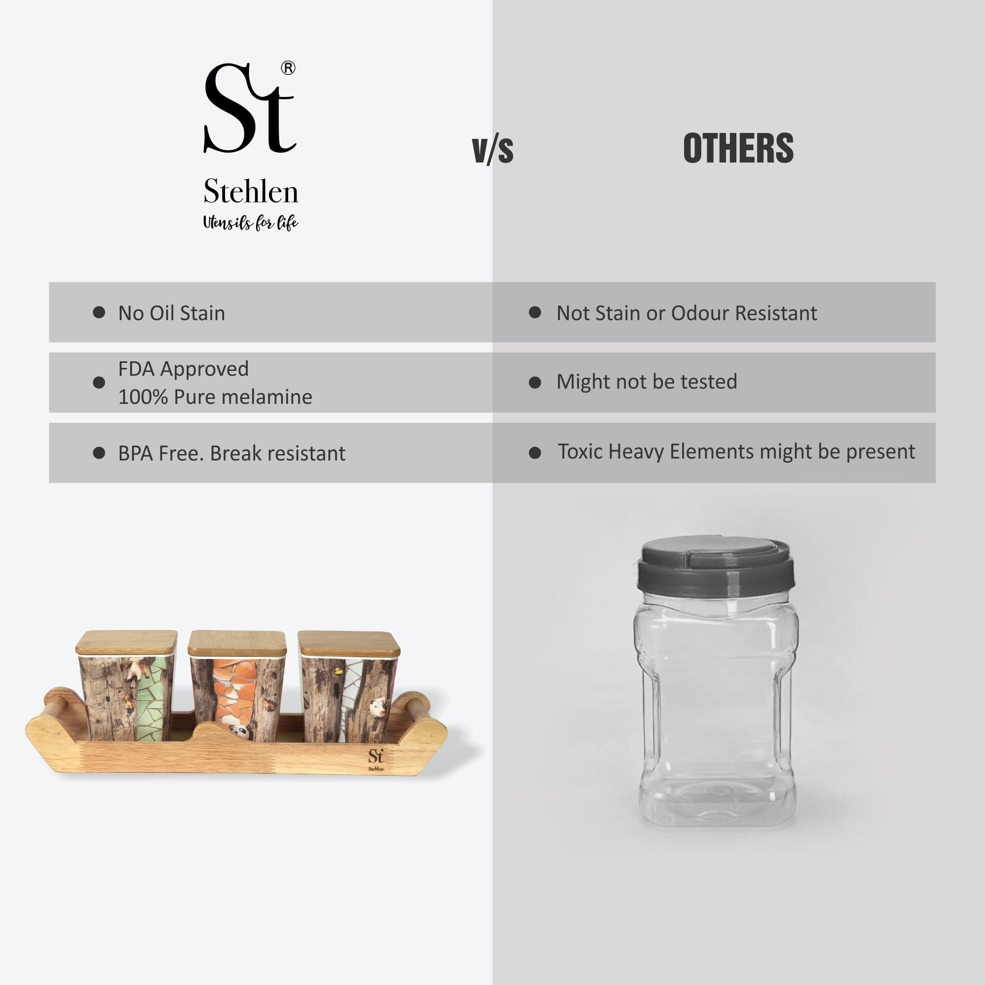 Stehlen 100% Pure melamine 3 pcs wooden lid canister set with wooden tray,SET OF 4- American Pine