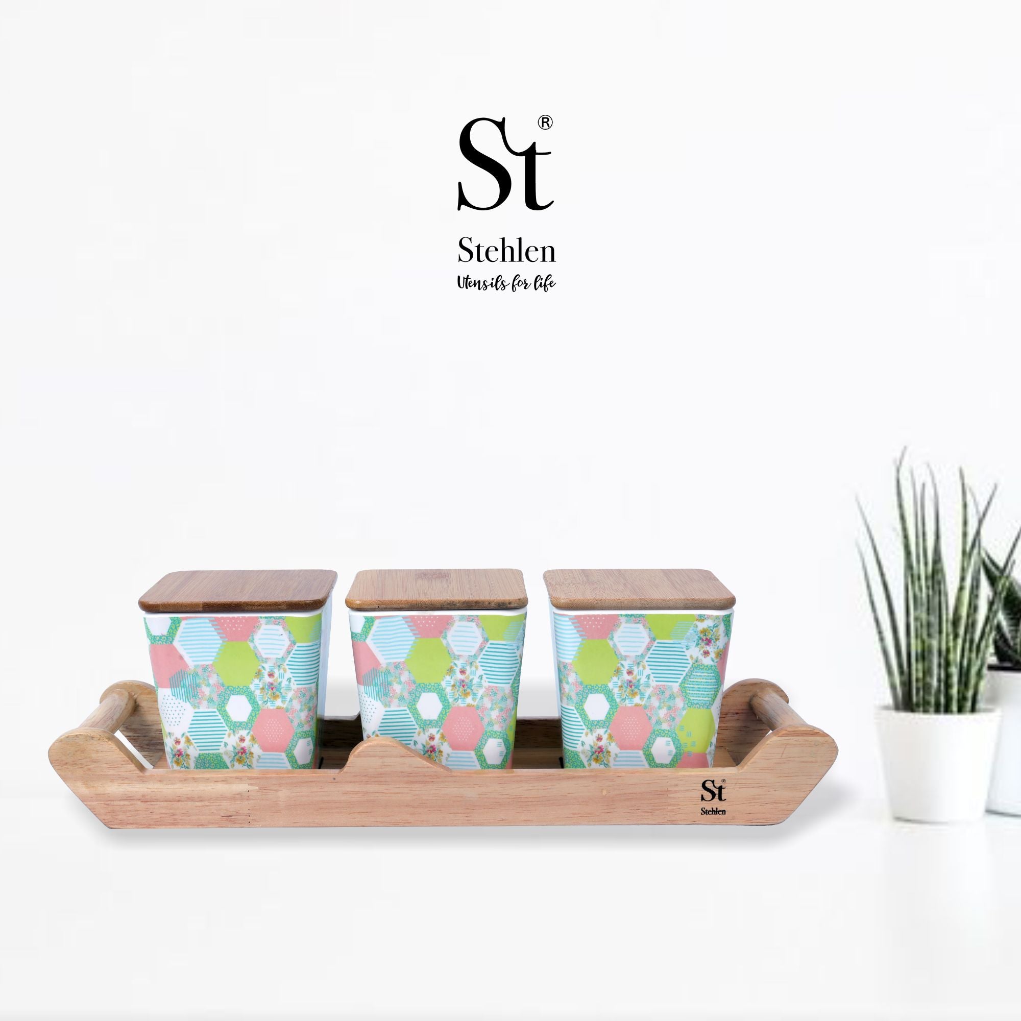 Stehlen 100% Pure melamine 3 pcs wooden lid canister set with wooden tray- Green bee