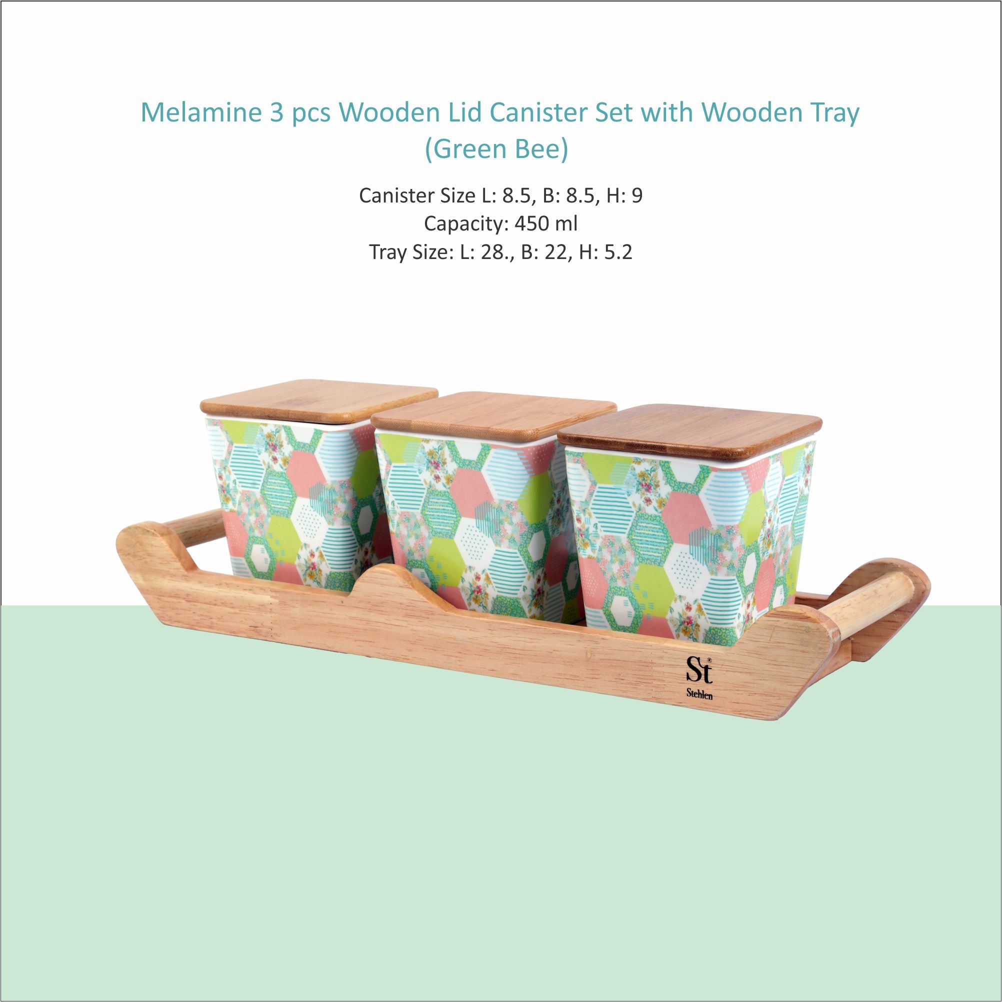 Stehlen 100% Pure melamine 3 pcs wooden lid canister set with wooden tray- Green bee