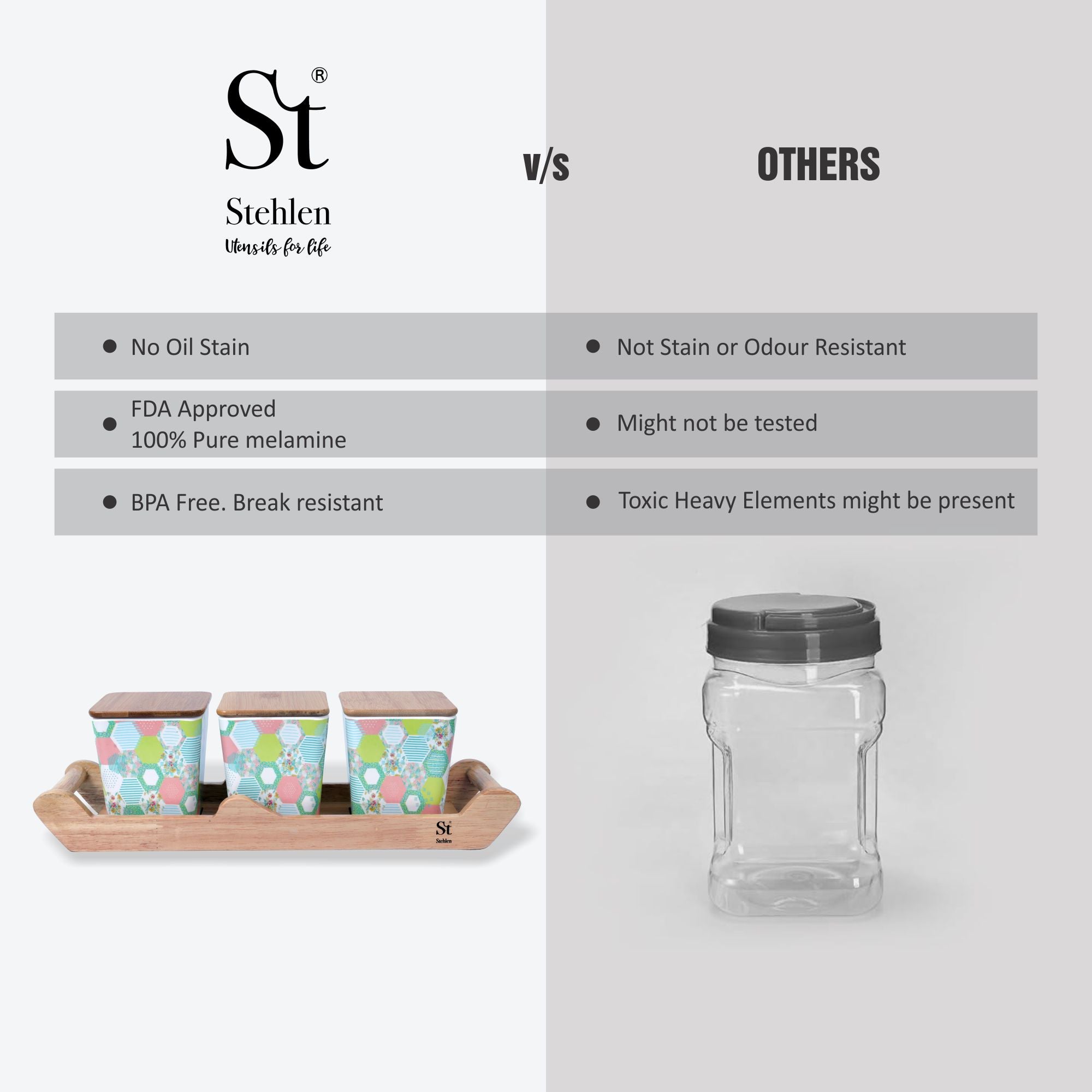 Stehlen 100% Pure melamine 3 pcs wooden lid canister set with wooden tray- Green bee