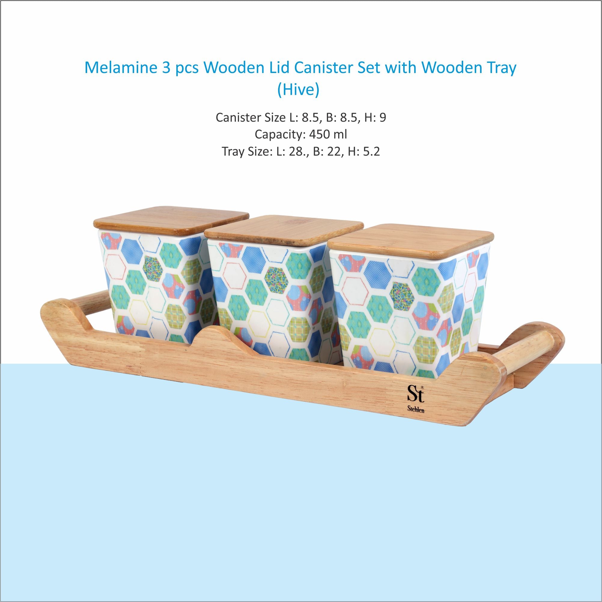 Stehlen 100% Pure melamine 3 pcs wooden lid canister set with wooden tray- Hive