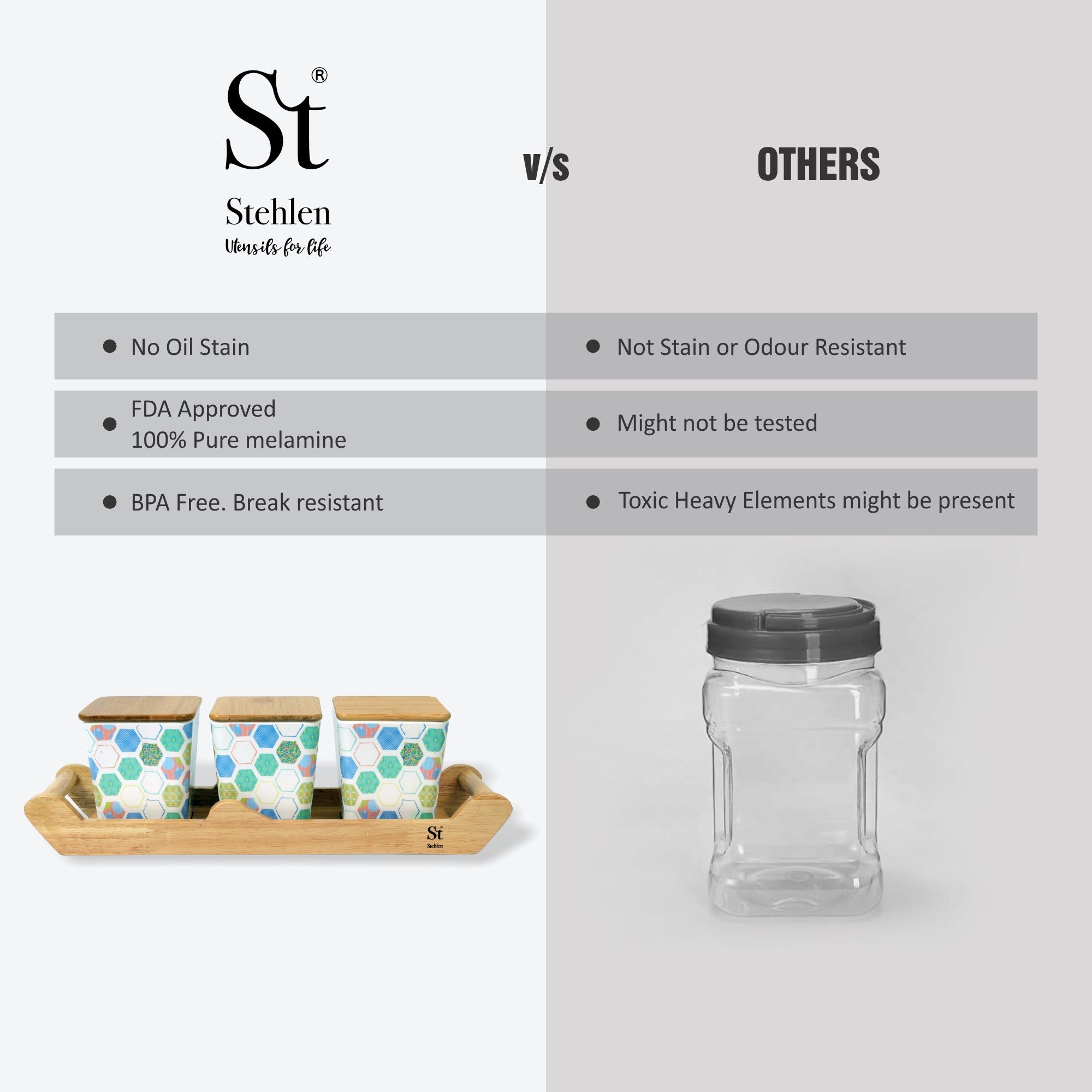 Stehlen 100% Pure melamine 3 pcs wooden lid canister set with wooden tray- Hive