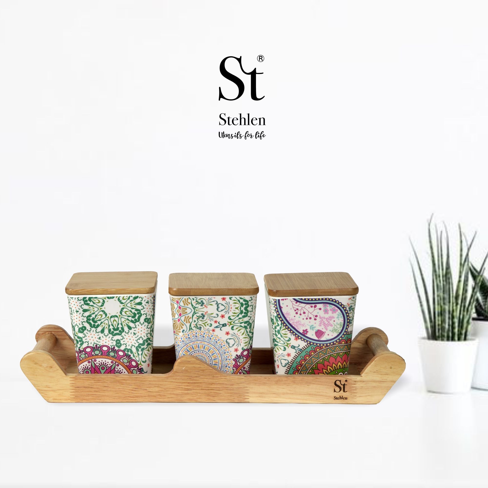 Stehlen 100% Pure melamine 3 pcs wooden lid canister set with wooden tray,SET OF 4- Ikkat