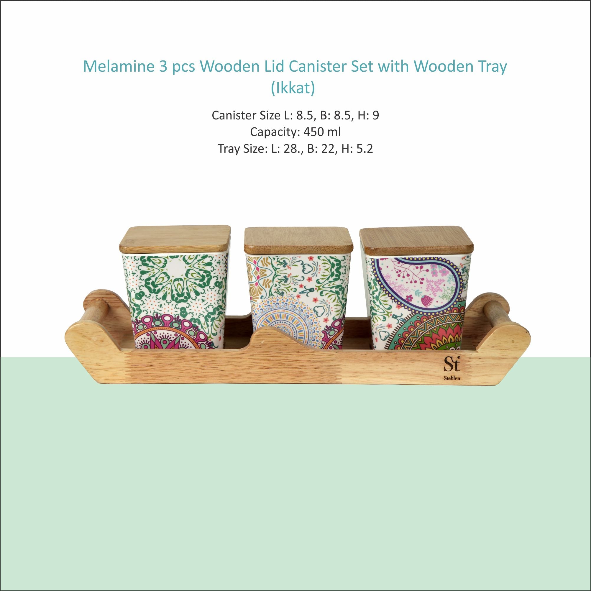 Stehlen 100% Pure melamine 3 pcs wooden lid canister set with wooden tray,SET OF 4- Ikkat