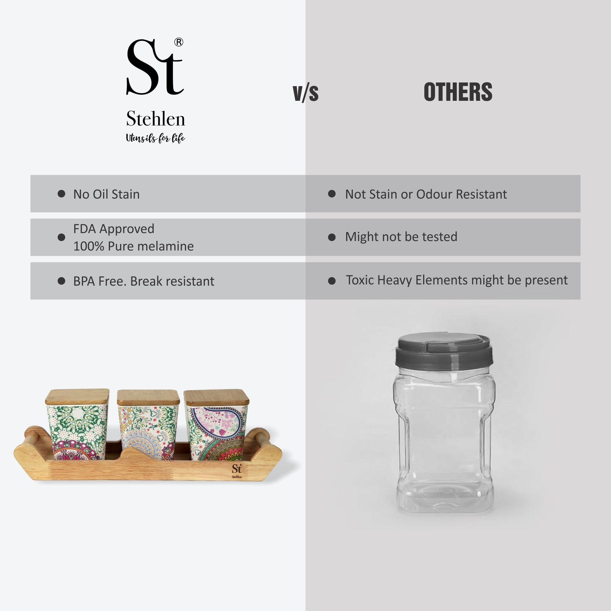 Stehlen 100% Pure melamine 3 pcs wooden lid canister set with wooden tray,SET OF 4- Ikkat