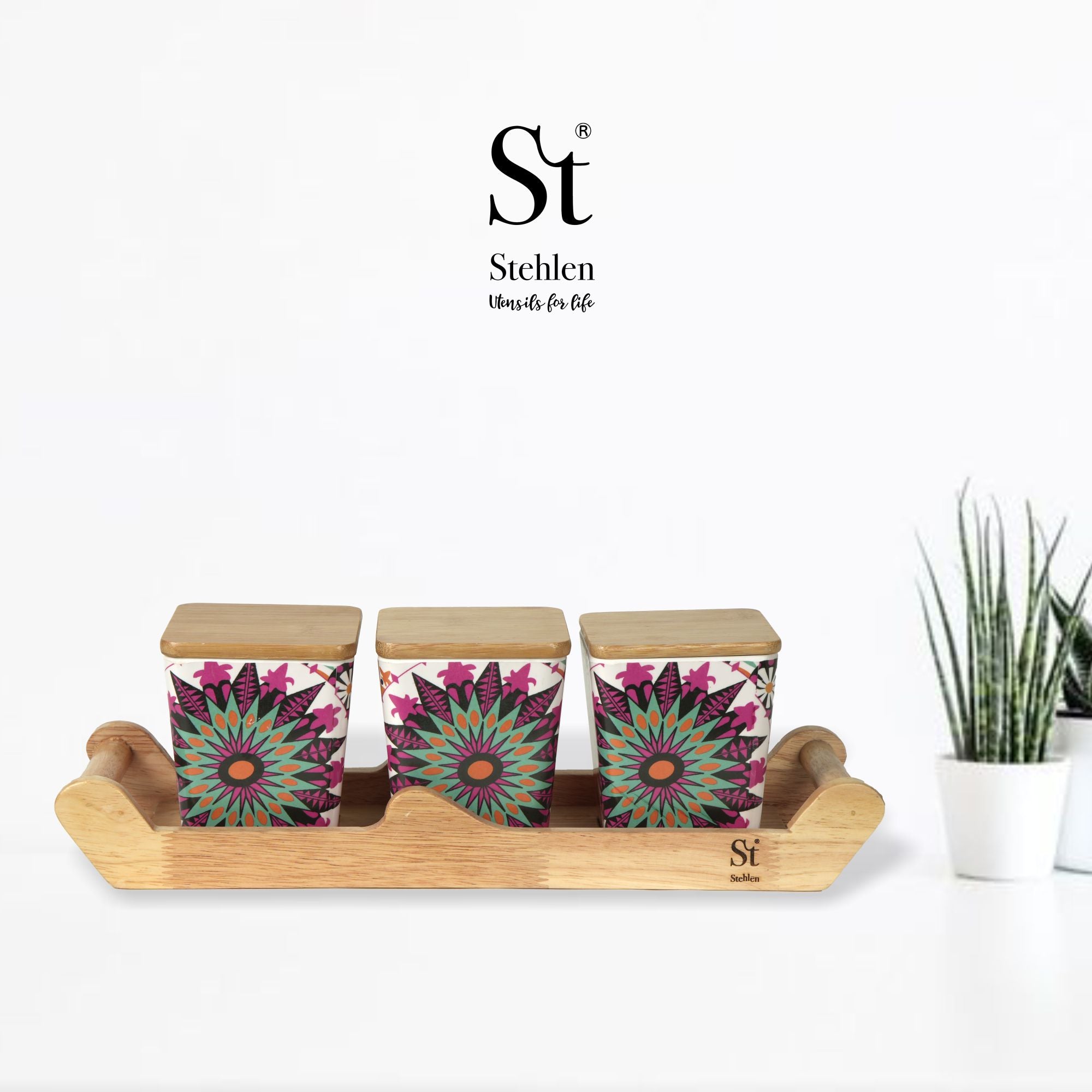 3 pcs Canister with Wooden Tray.