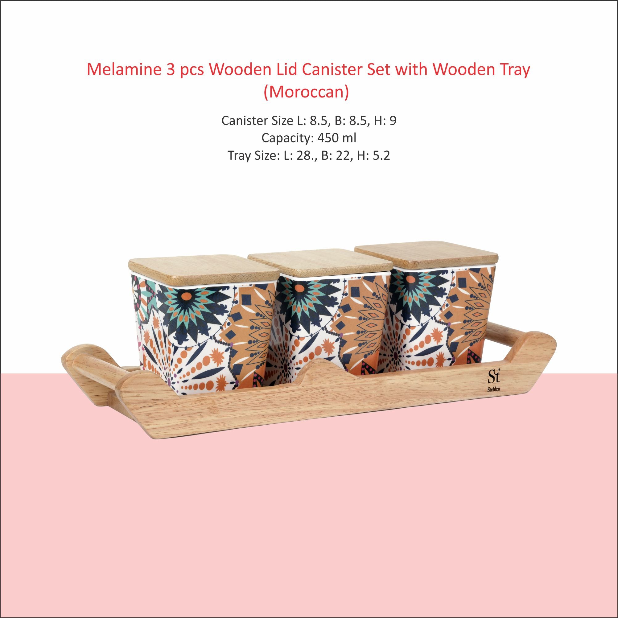Stehlen 100% Pure melamine 3 pcs wooden lid canister set with wooden tray,SET OF 4- Moroccan
