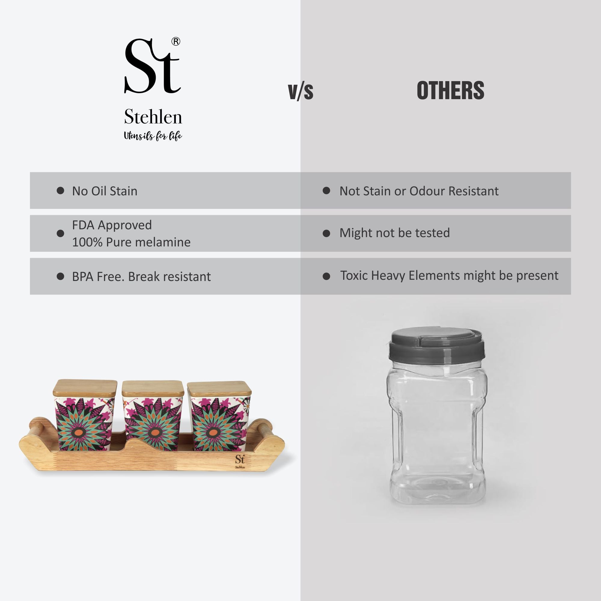 Stehlen 100% Pure melamine 3 pcs wooden lid canister set with wooden tray,SET OF 4- Moroccan