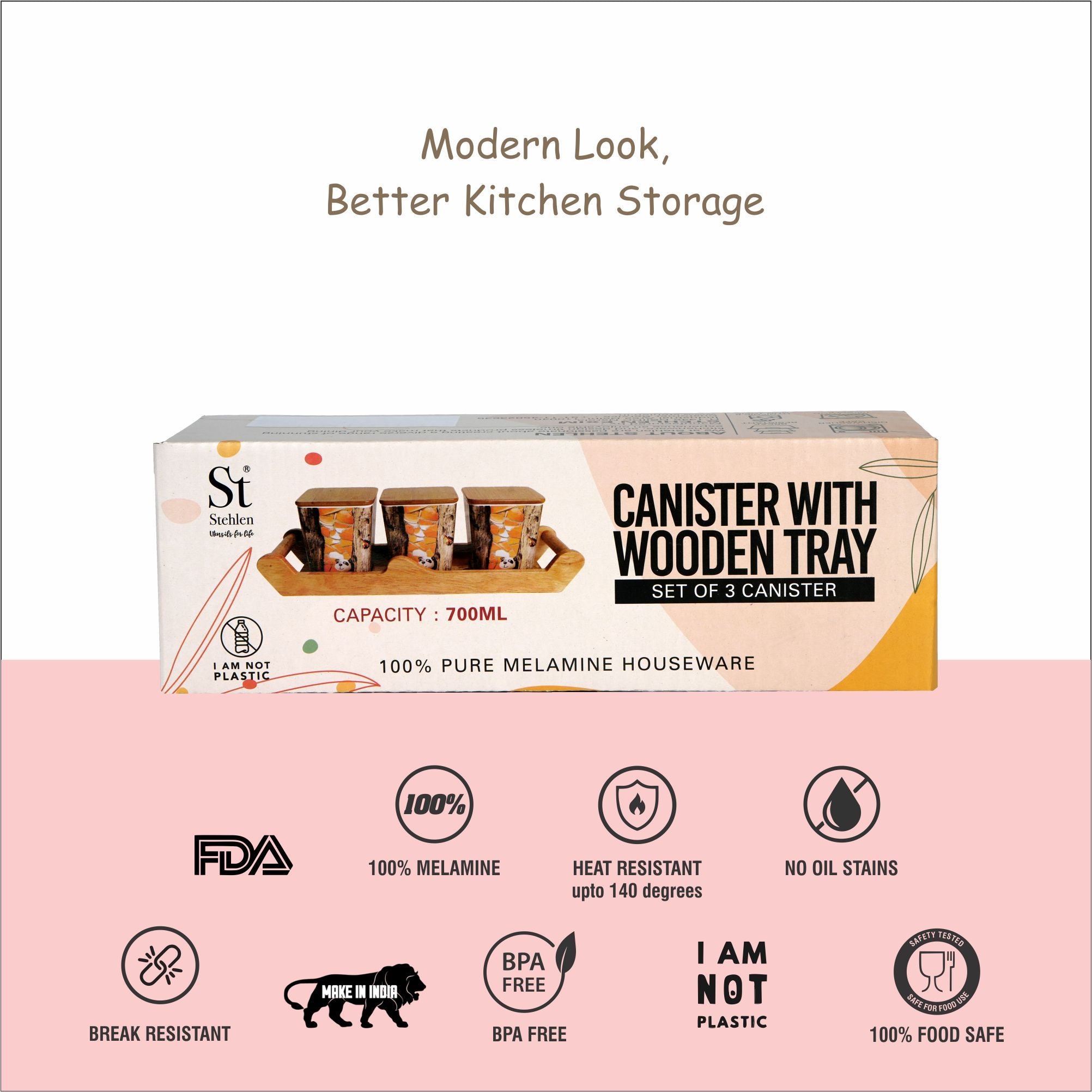 Stehlen 100% Pure melamine 3 pcs wooden lid canister set with wooden tray,SET OF 4- Wooden