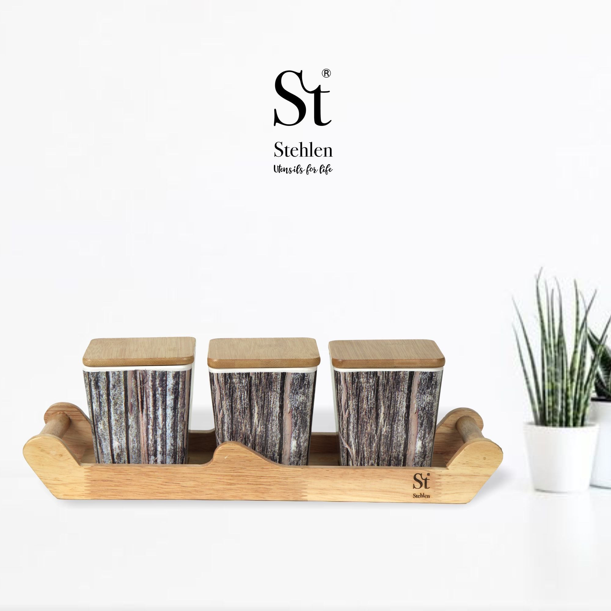 Stehlen 100% Pure melamine 3 pcs wooden lid canister set with wooden tray,SET OF 4- Wooden