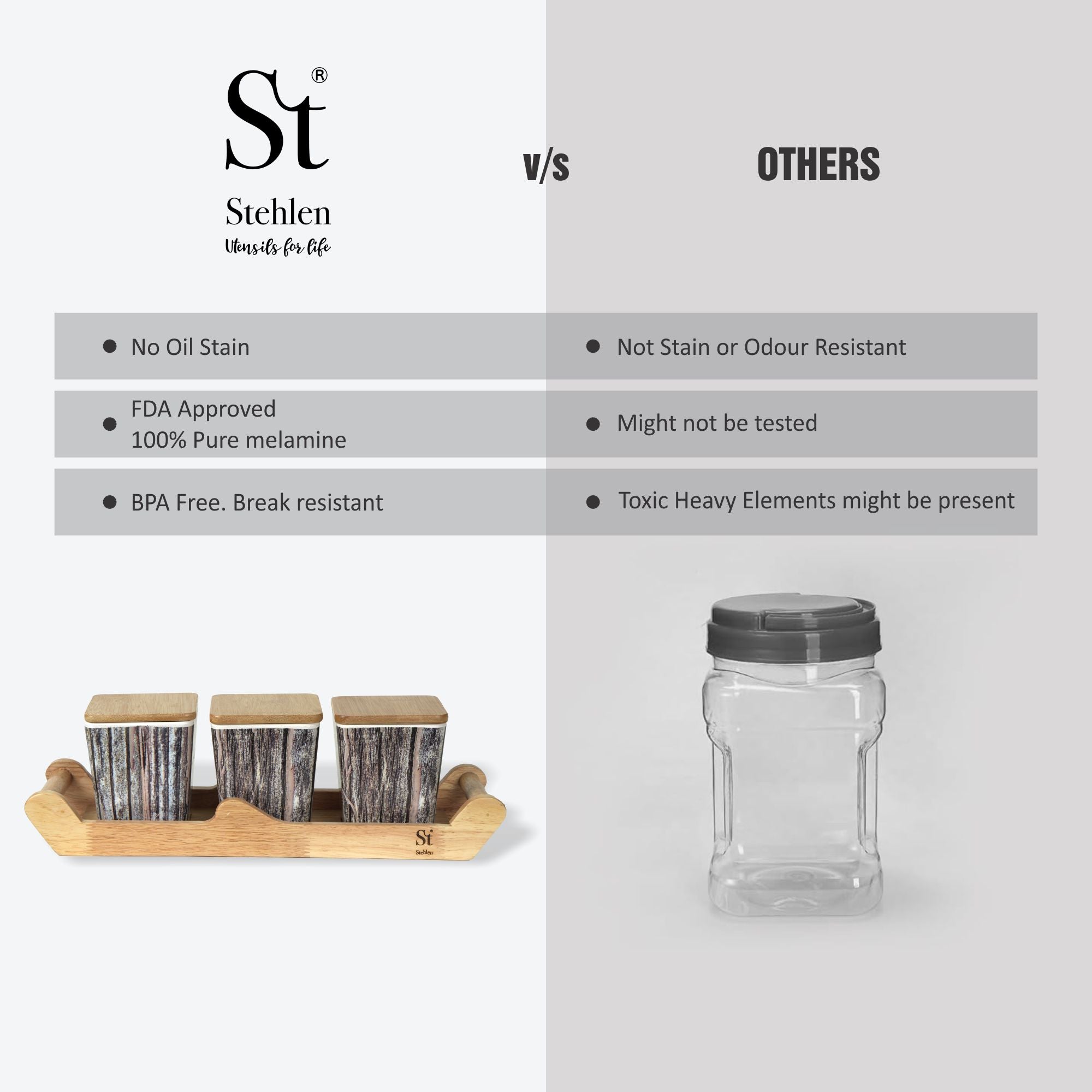 Stehlen 100% Pure melamine 3 pcs wooden lid canister set with wooden tray,SET OF 4- Wooden