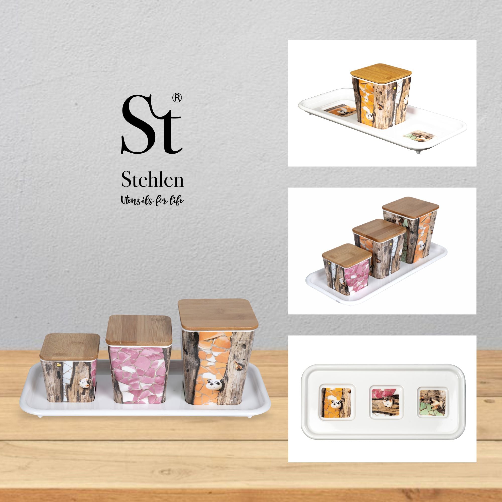 Stehlen 100% Pure melamine 3 pcs wooden lid canister set with melamine tray, SET OF 4- American Pine