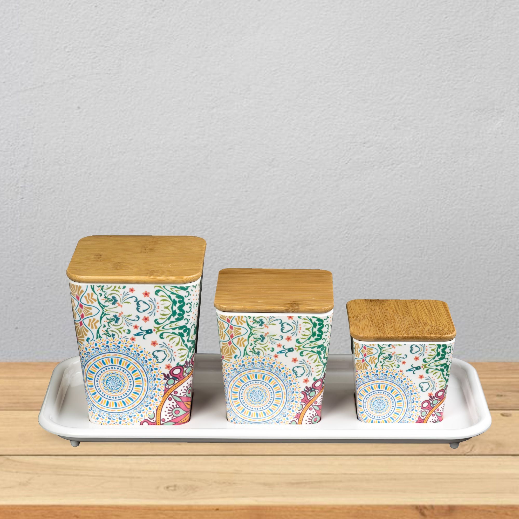 Stehlen 100% Pure melamine 3 pcs wooden lid canister set with melamine tray, SET OF 4- Ikkat