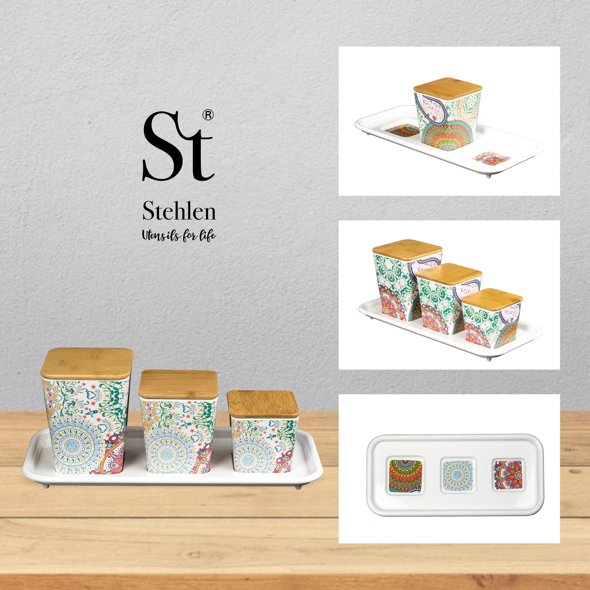 Stehlen 100% Pure melamine 3 pcs wooden lid canister set with melamine tray, SET OF 4- Ikkat