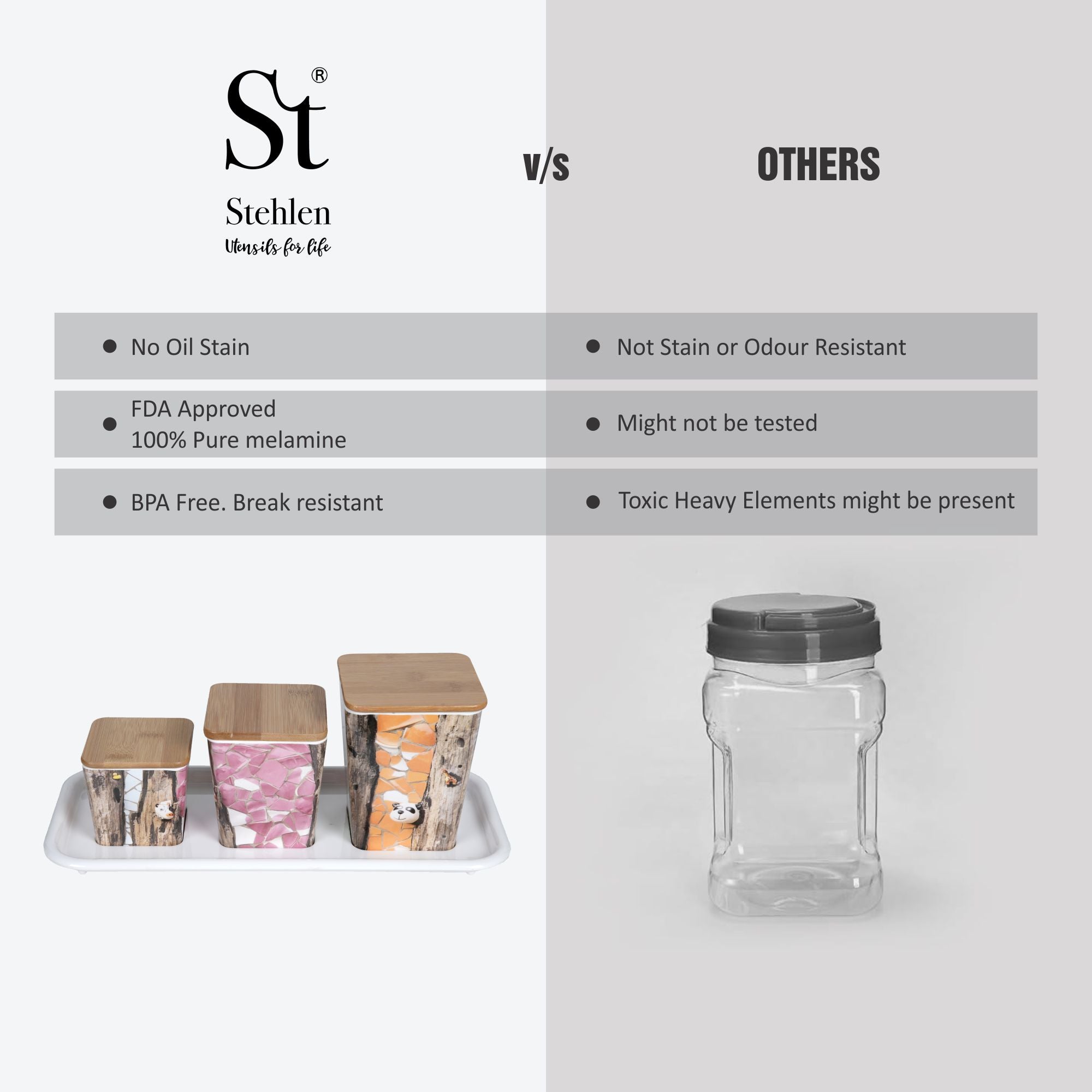 Stehlen 100% Pure melamine 3 pcs wooden lid canister set with melamine tray, SET OF 4- American Pine