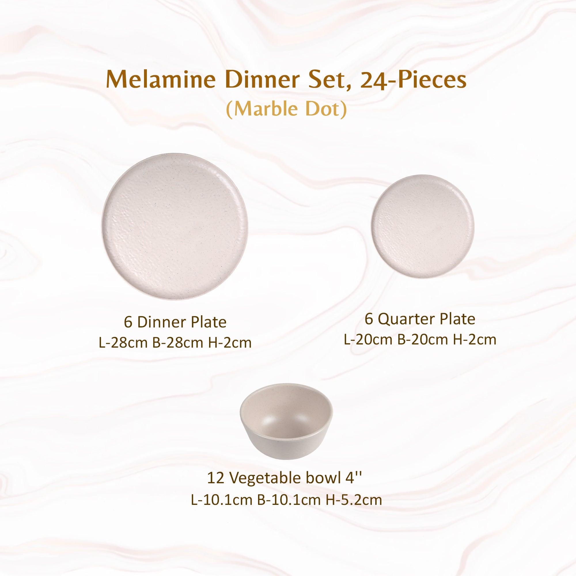 Stehlen Donna Hammered Dinnerware, Pure melamine, 24 PC Kitchen Set for home- Marble Dot
