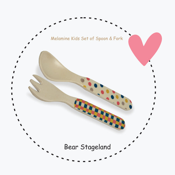 Stehlen Kids Spoon and Fork Set for Toodlers, Dinnerware Set, 100% Melamine, Bear Stageland Spoon and Fork Set, Feeding Tableware Set for Kids, Dinner Set for Toodlers, FDA Approved, BPA Free- Bear Stageland