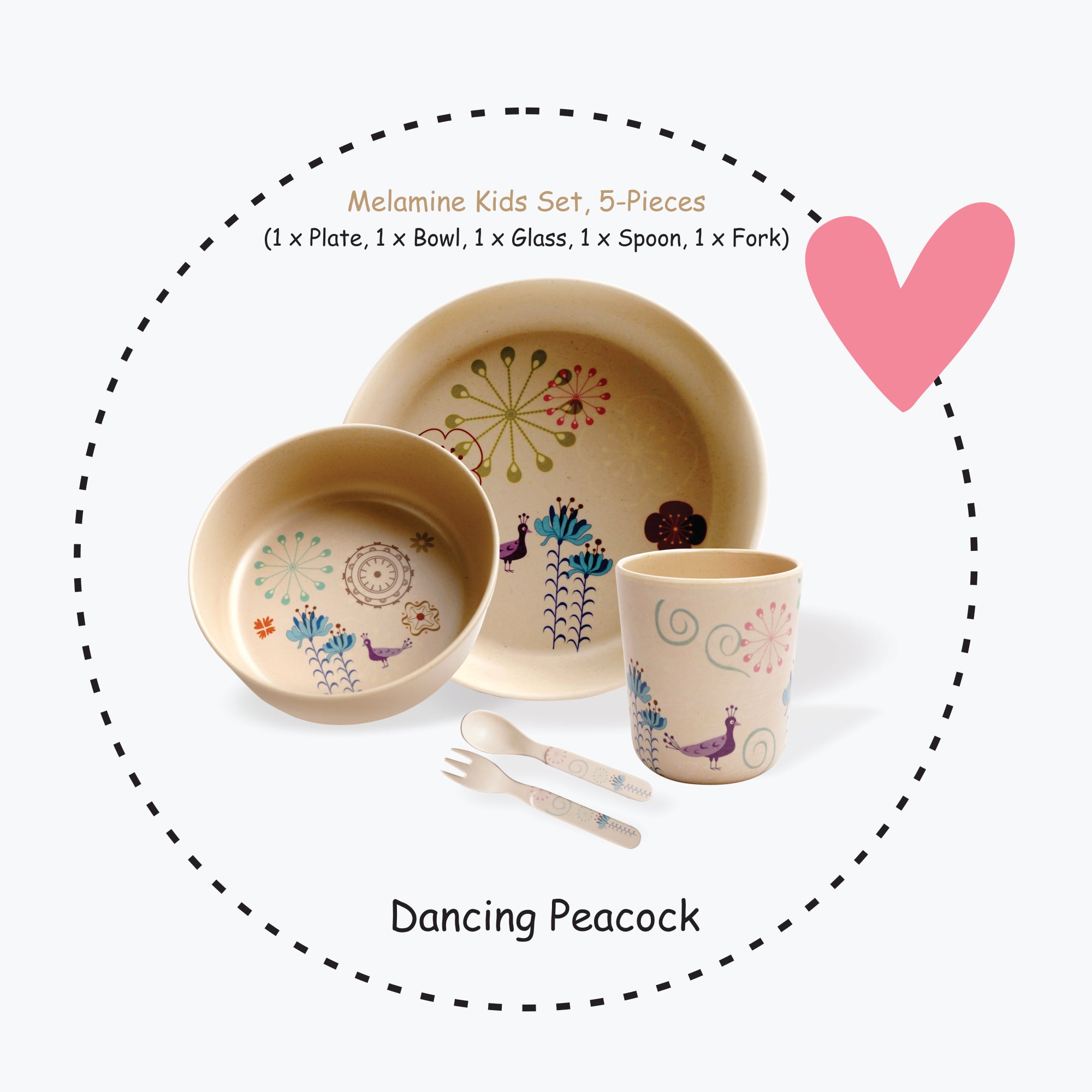 Stehlen set of 5 pcs kids feeding set, Pure melamine, DANCING PEACOCK