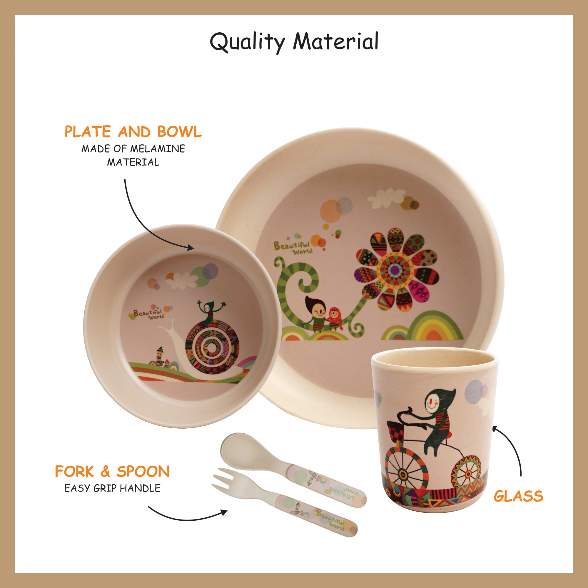 Stehlen set of 5 pcs kids feeding set, Pure melamine, BEAUTIFUL WORLD