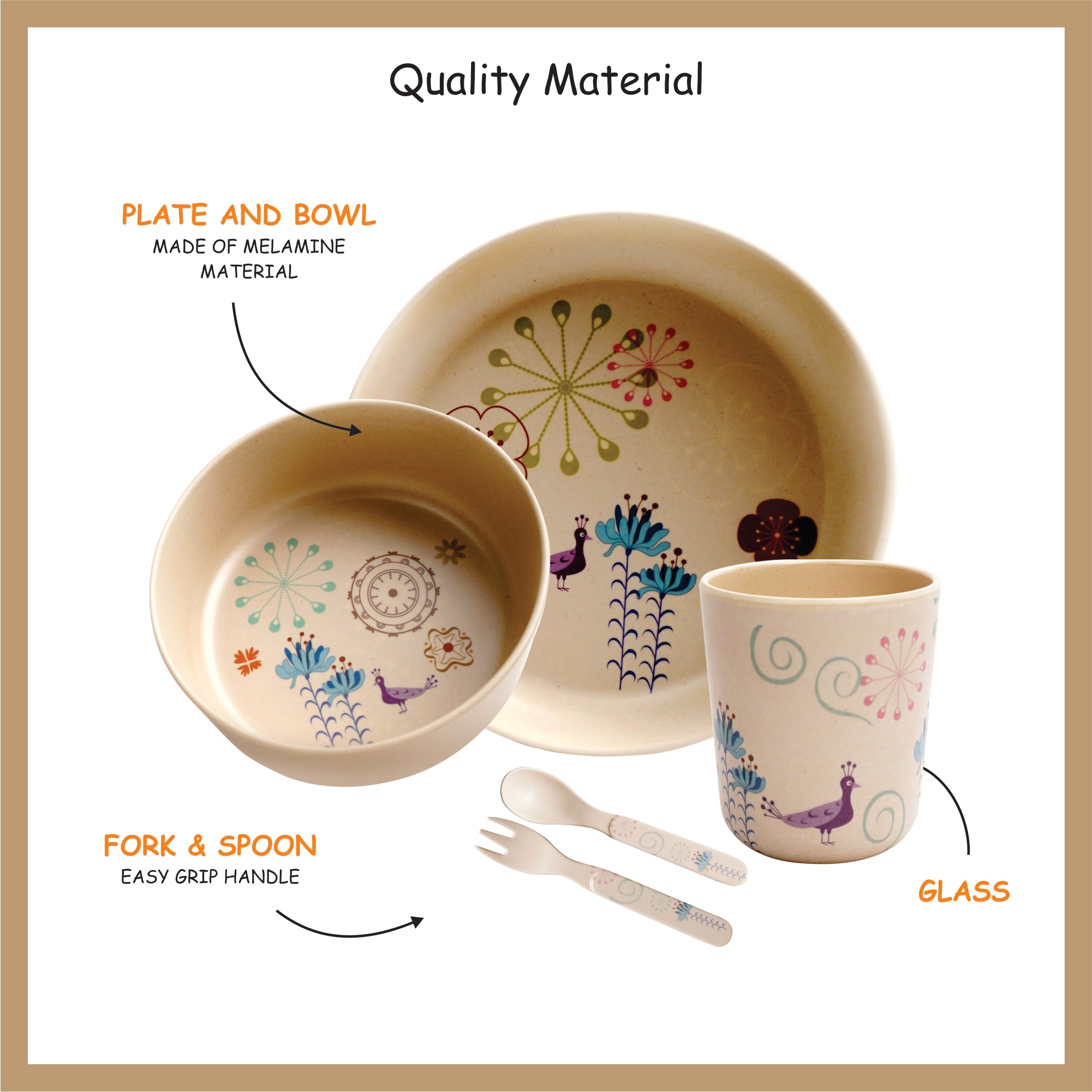 Stehlen set of 5 pcs kids feeding set, Pure melamine, DANCING PEACOCK