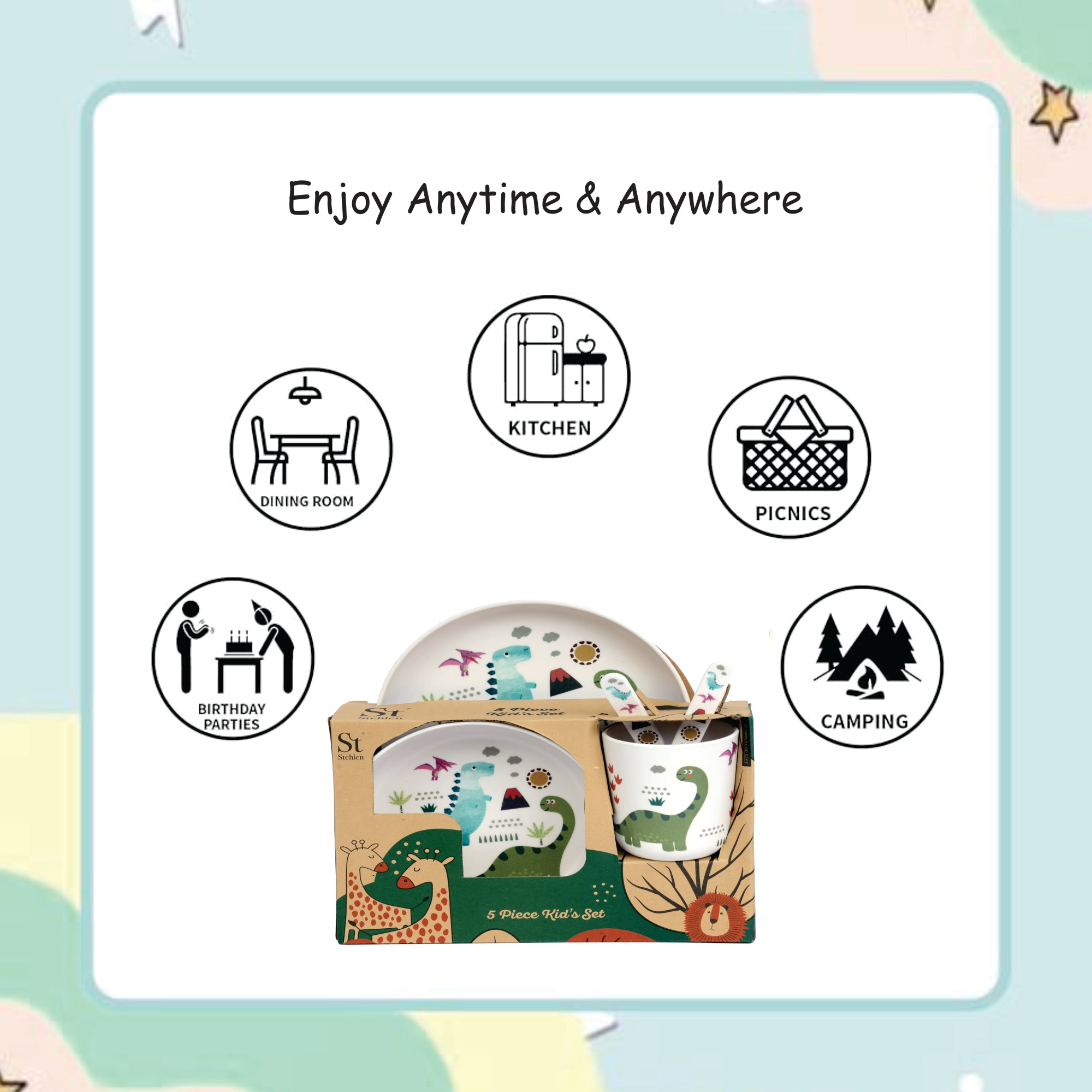 Stehlen set of 5 pcs kids feeding set, Pure melamine, DINOSAUR