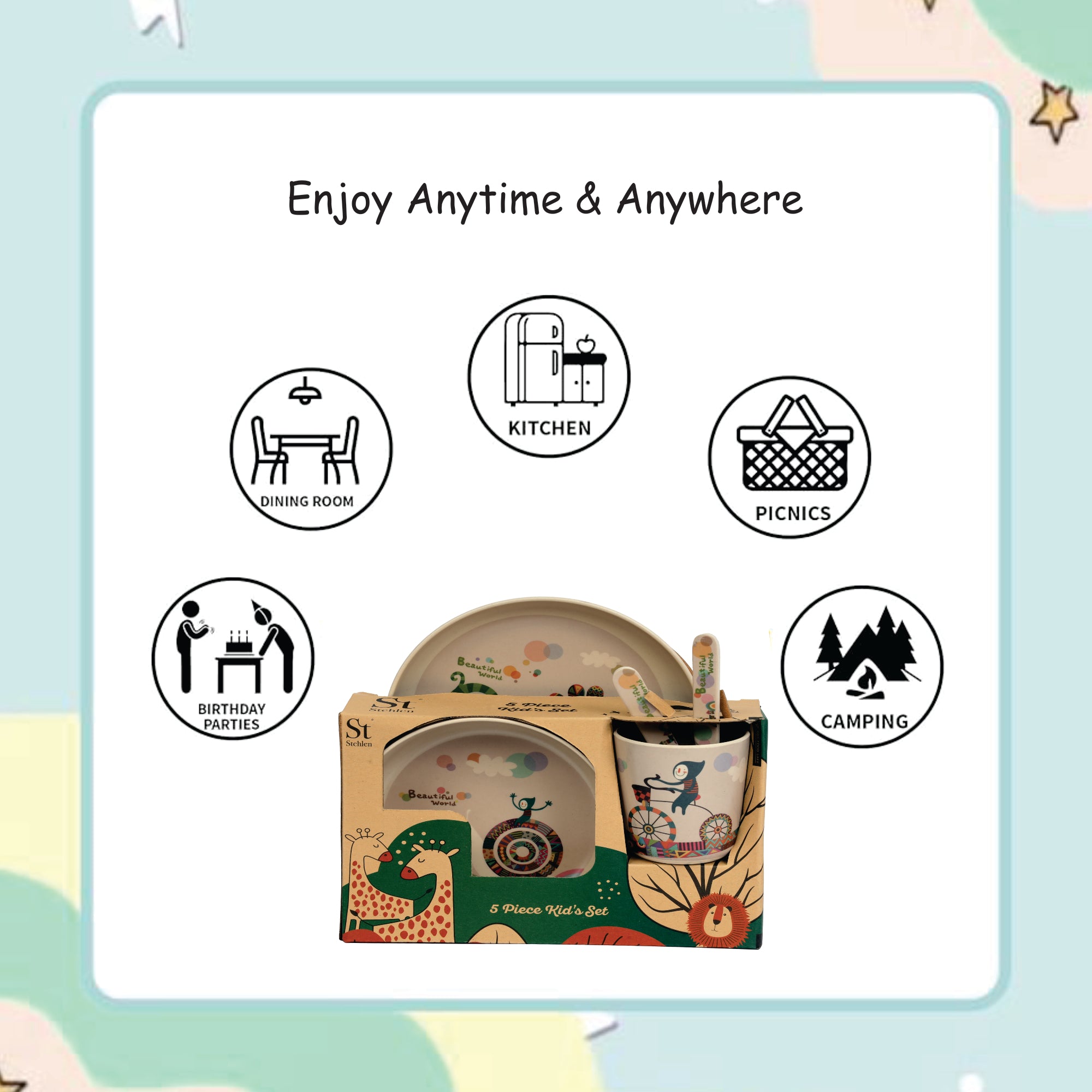 Stehlen set of 5 pcs kids feeding set, Pure melamine, BEAUTIFUL WORLD