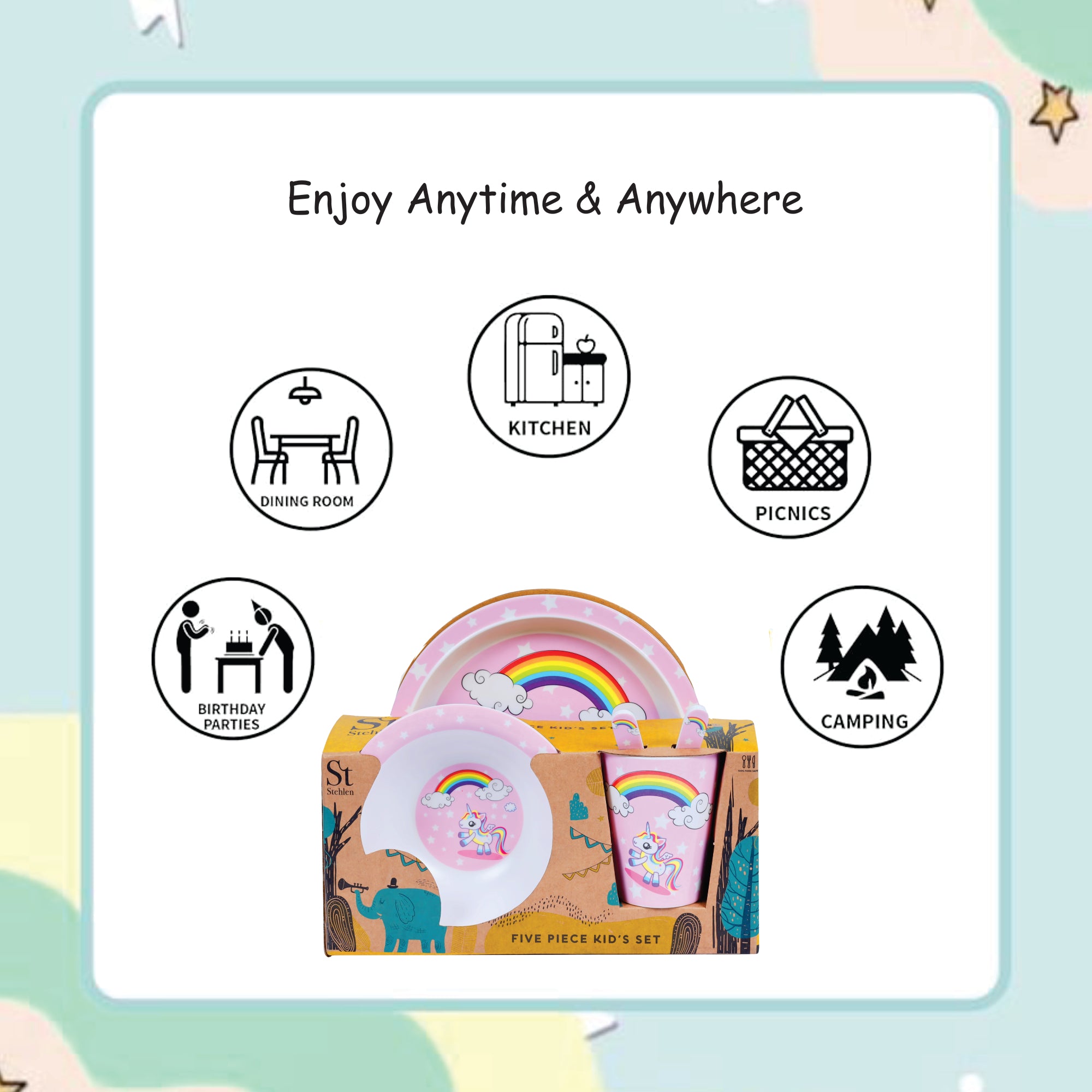 Stehlen set of 5 pcs kids feeding set, Pure melamine, UNICORN