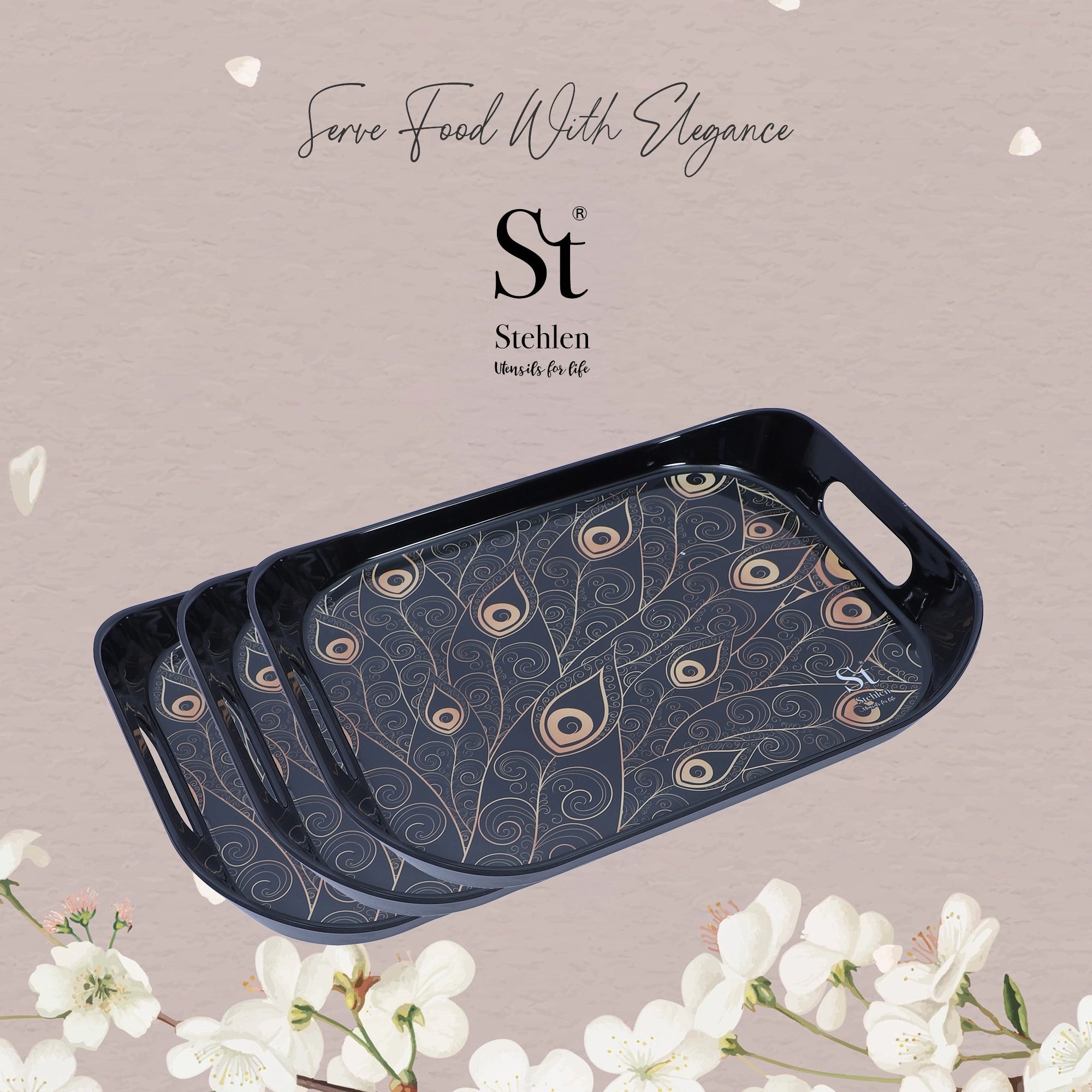 Stehlen Set of 3 Era tray, Pure melamine, FEATHER