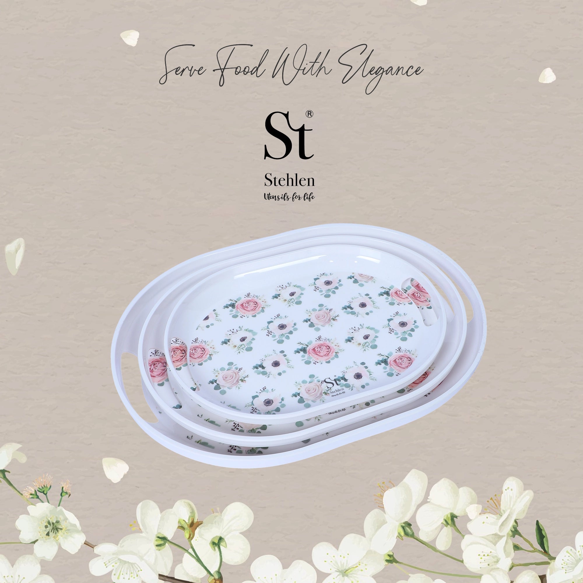 Stehlen Set of 3 Slant tray, Pure melamine, ROSE GARDEN