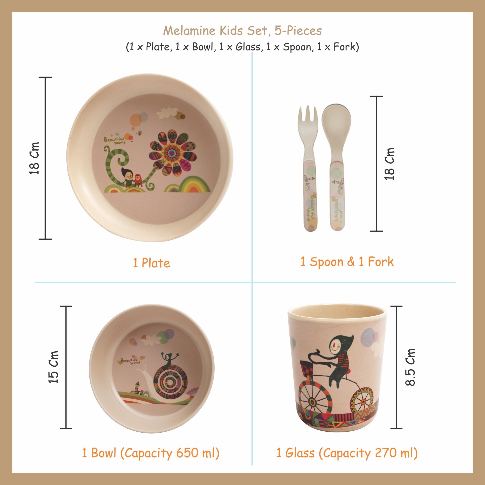 Stehlen set of 5 pcs kids feeding set, Pure melamine, BEAUTIFUL WORLD