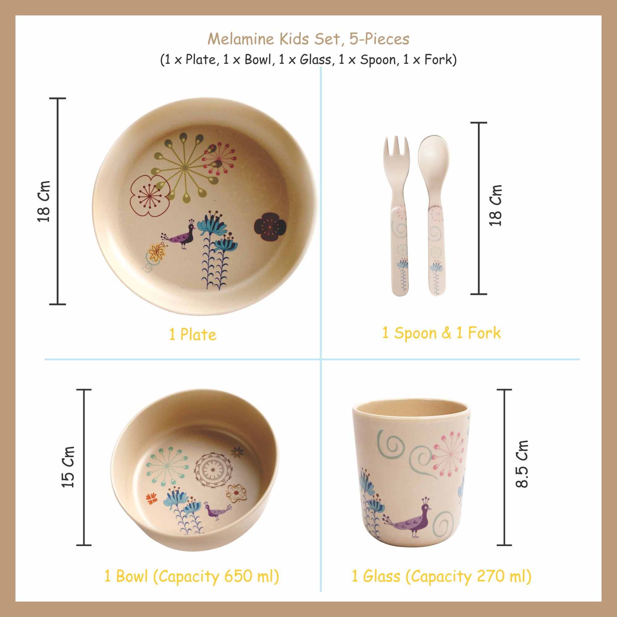 Stehlen set of 5 pcs kids feeding set, Pure melamine, DANCING PEACOCK