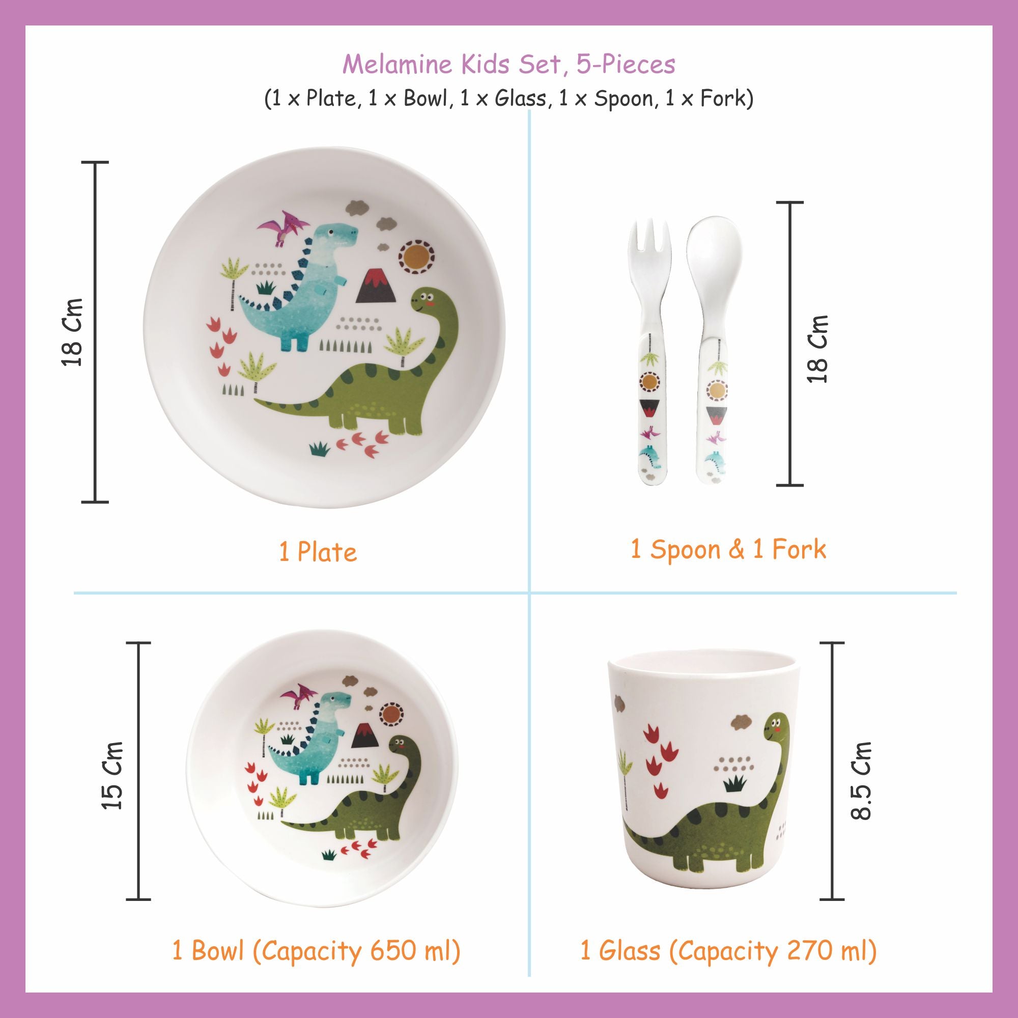 Stehlen set of 5 pcs kids feeding set, Pure melamine, DINOSAUR