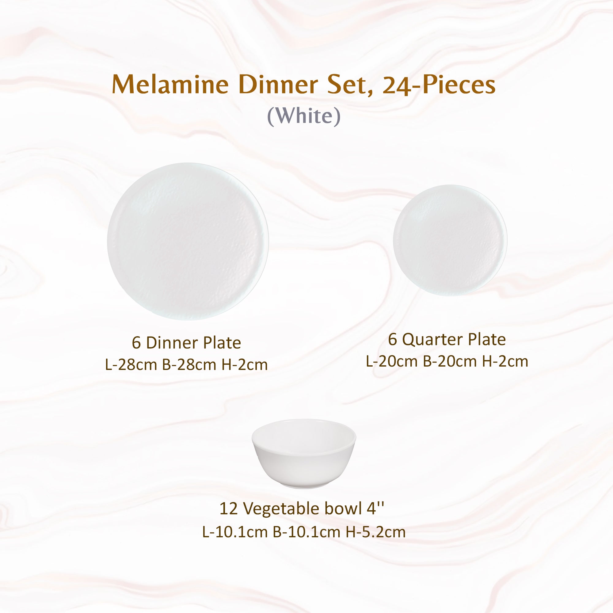 Stehlen Donna Hammered Dinnerware, Pure melamine, 24 PC Kitchen Set for home- White