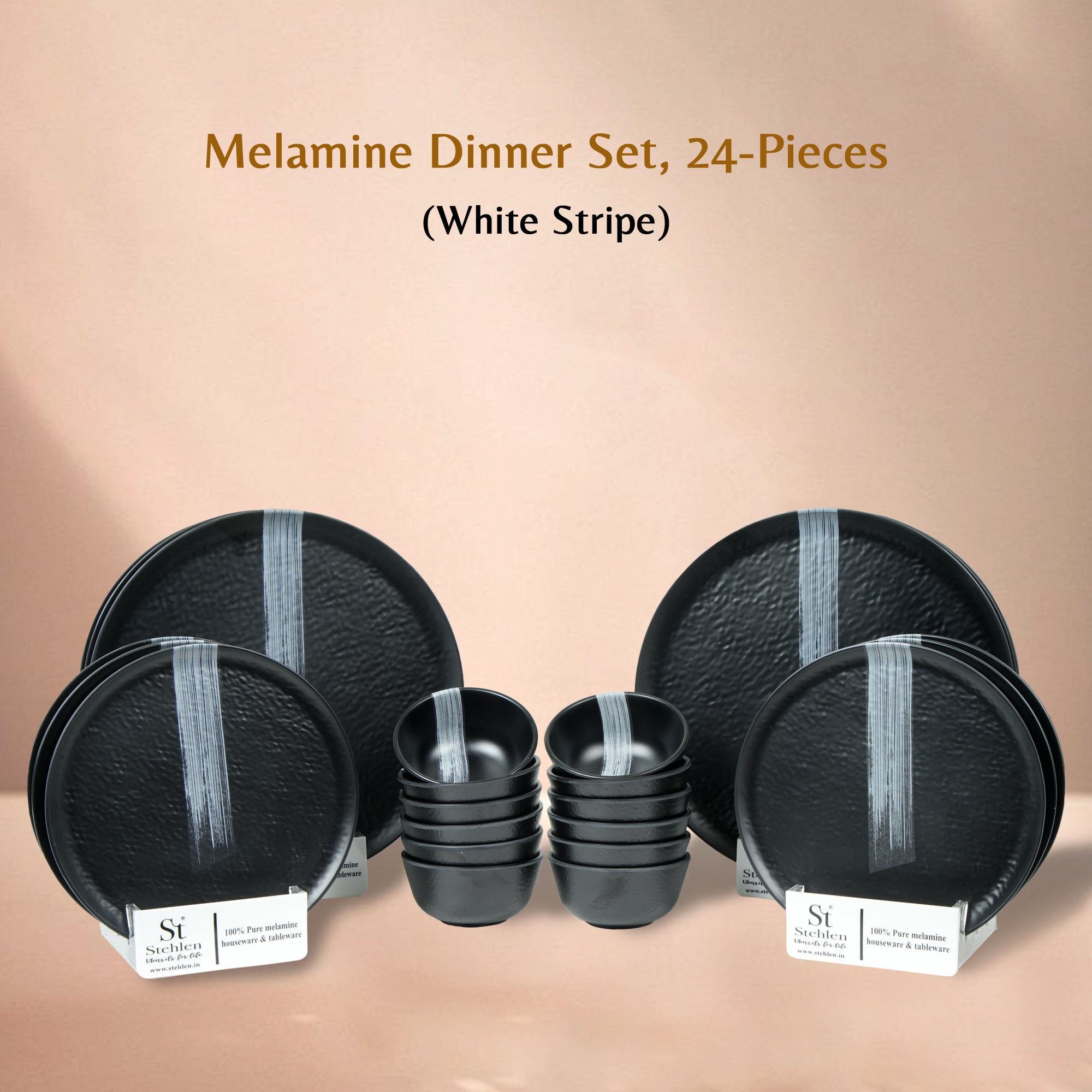 Stehlen Donna Hammered Dinnerware, Pure melamine, 24 PC Kitchen Set for home- White Stripe