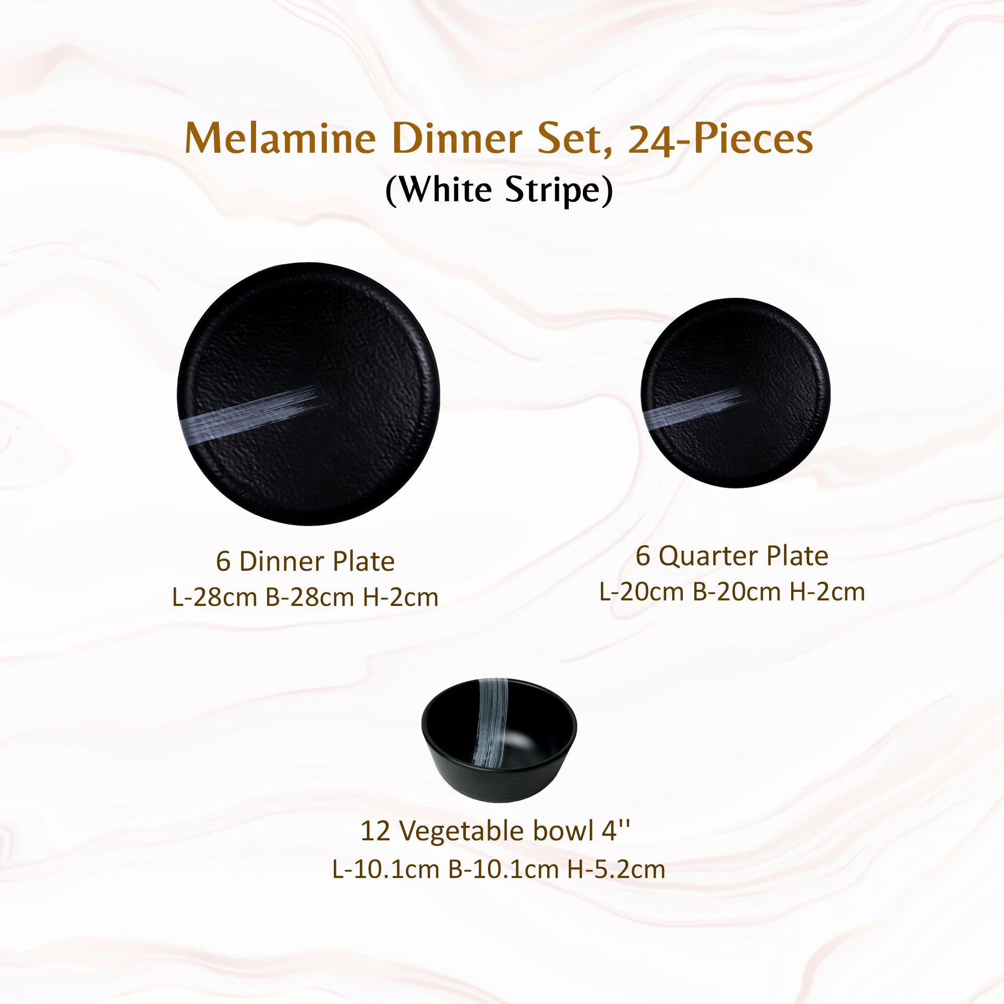 Stehlen Donna Hammered Dinnerware, Pure melamine, 24 PC Kitchen Set for home- White Stripe